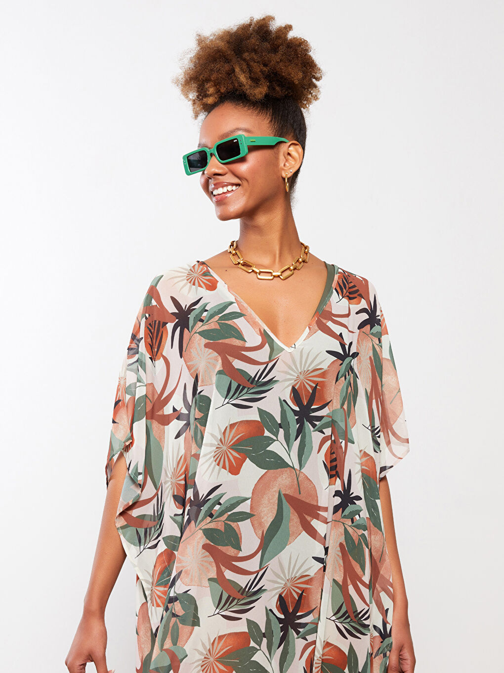 كيمونو للسيدات بياقة على شكل حرف V بنقشة وكم قصير من قماش البوبلين-2