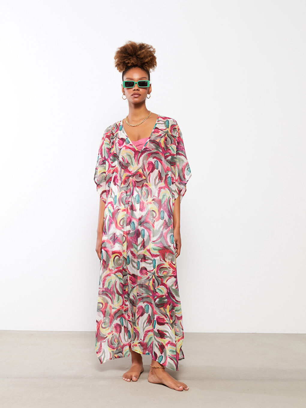 كيمونو للسيدات بياقة على شكل حرف V بنقشة وكم قصير من قماش البوبلين-1