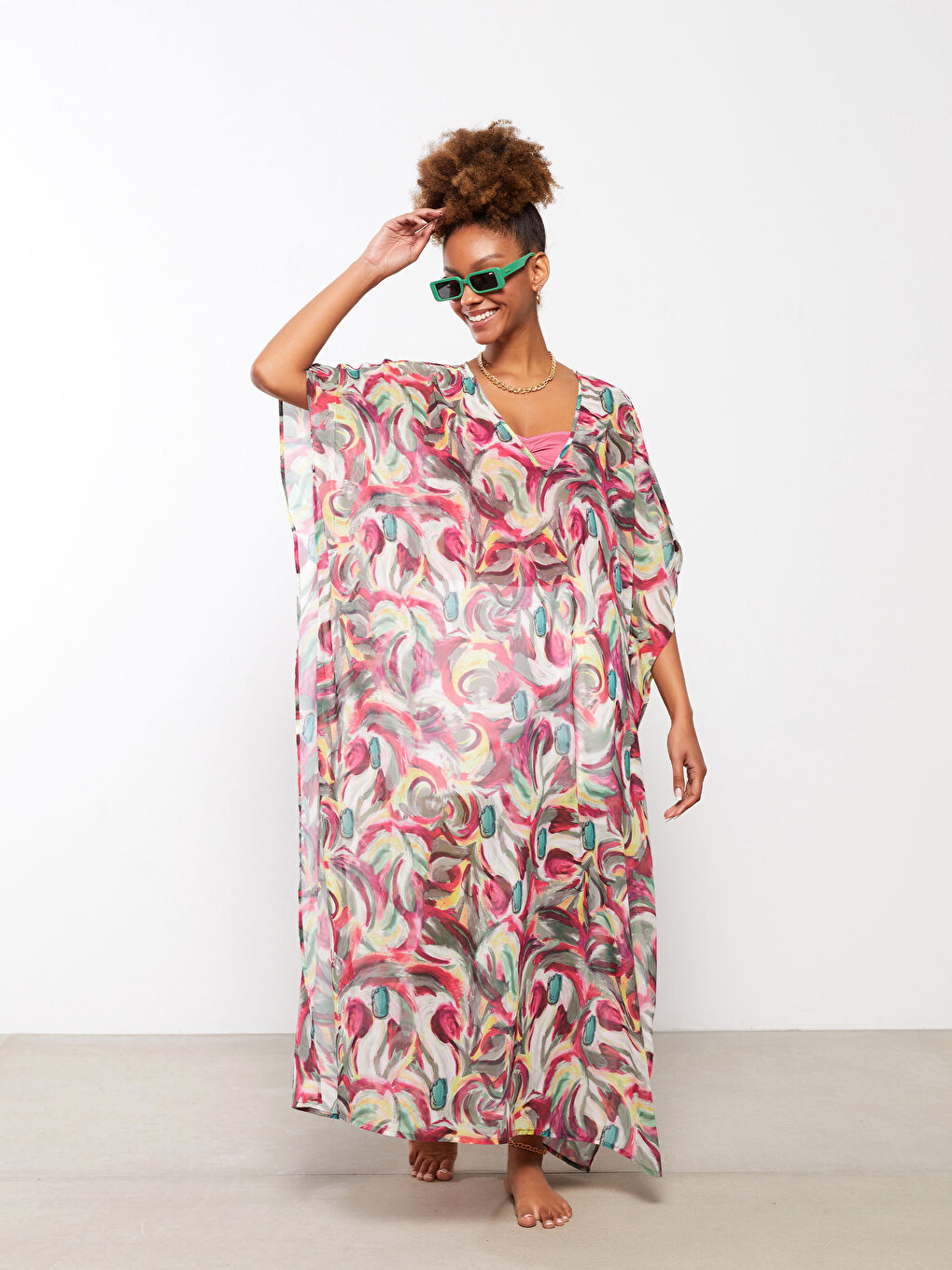 كيمونو للسيدات بياقة على شكل حرف V بنقشة وكم قصير من قماش البوبلين-2