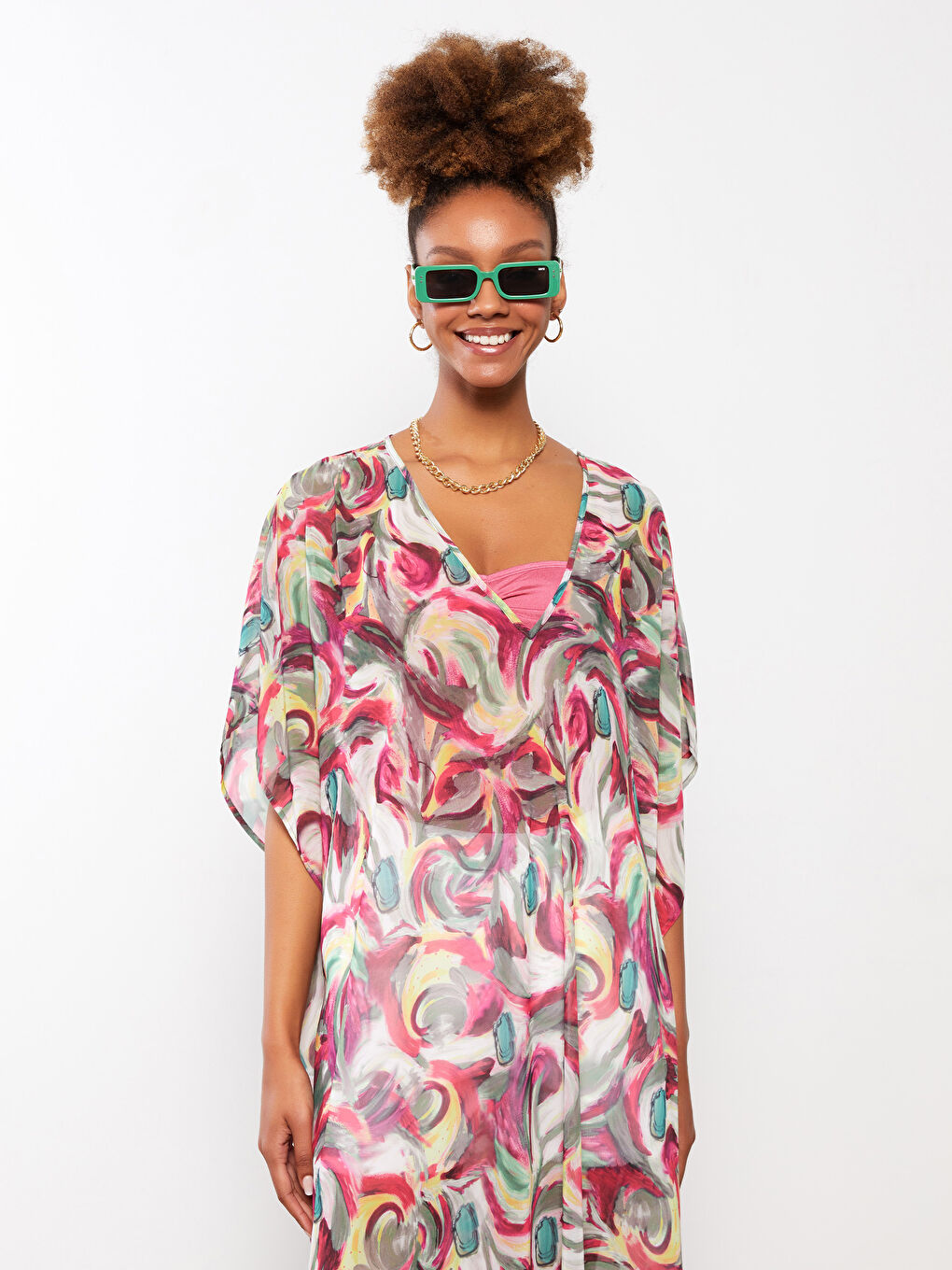 كيمونو للسيدات بياقة على شكل حرف V بنقشة وكم قصير من قماش البوبلين-3