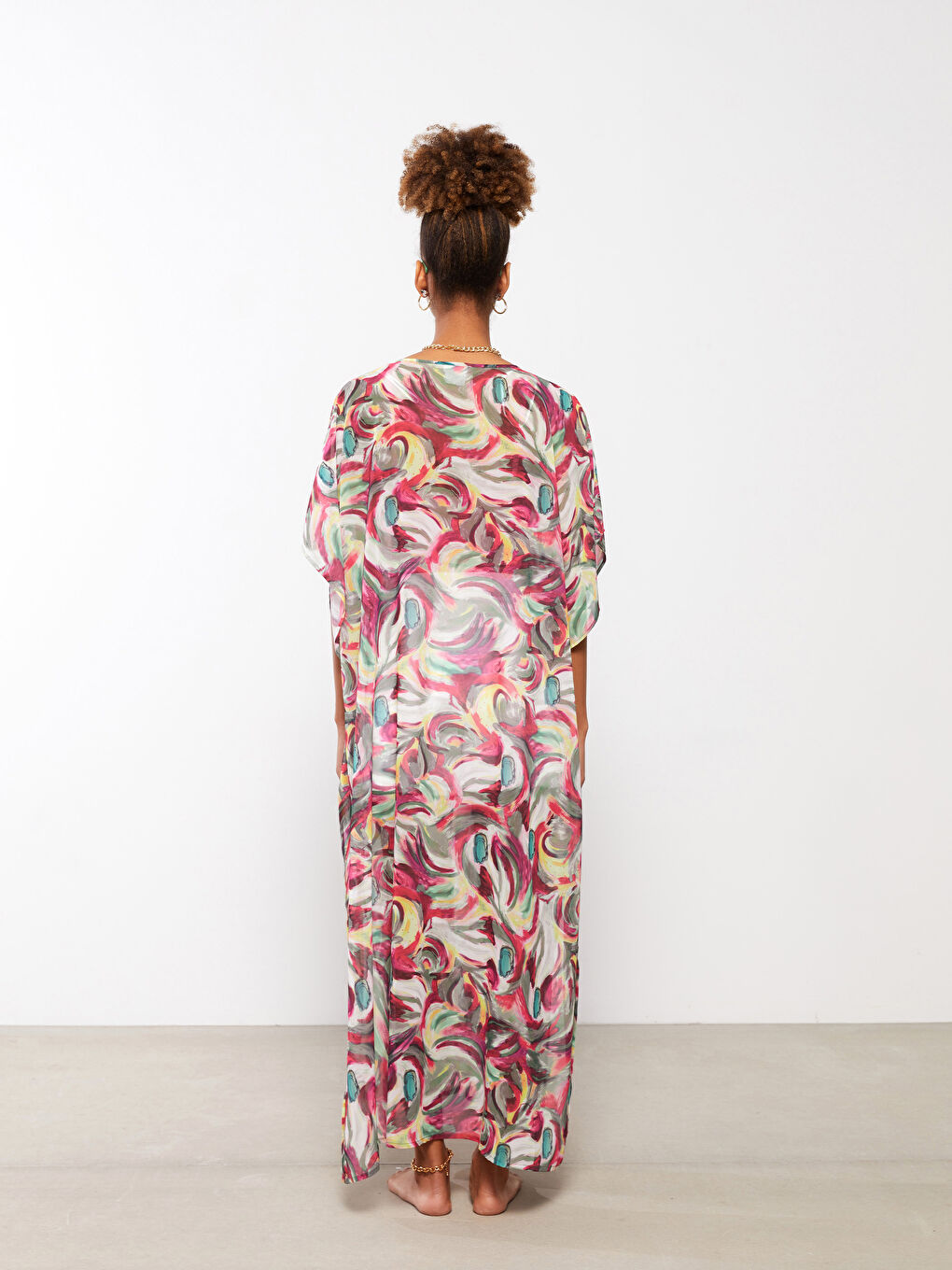 كيمونو للسيدات بياقة على شكل حرف V بنقشة وكم قصير من قماش البوبلين-5