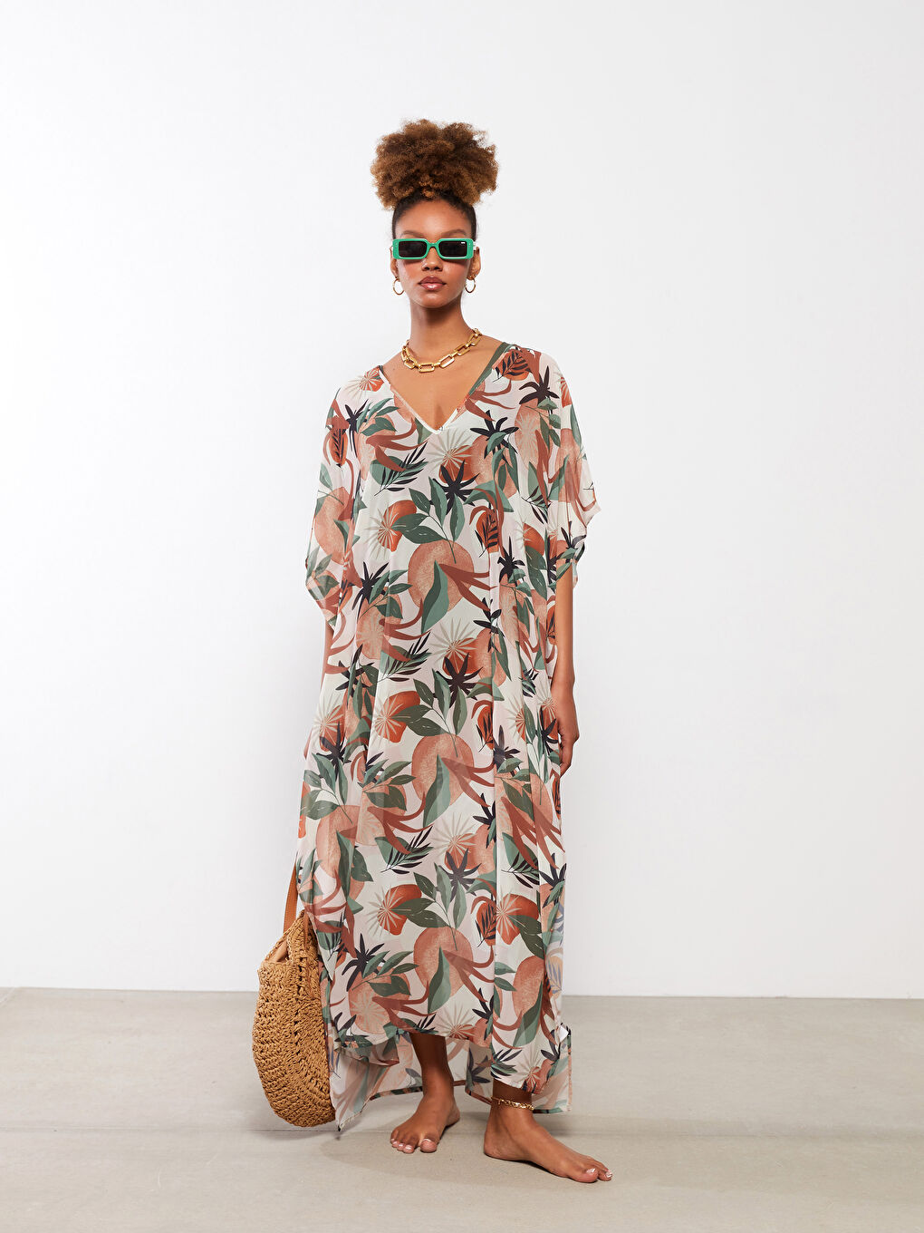 كيمونو للسيدات بياقة على شكل حرف V بنقشة وكم قصير من قماش البوبلين-1