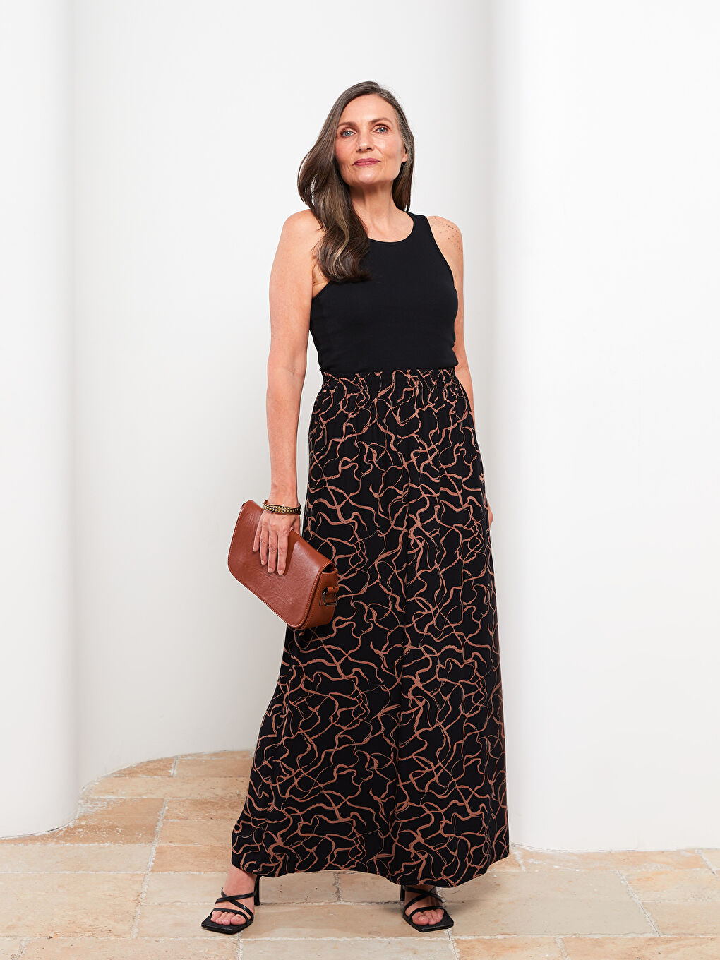 Karışık Beli Lastikli Desenli A Kesim Viskon Kadın Etek-1