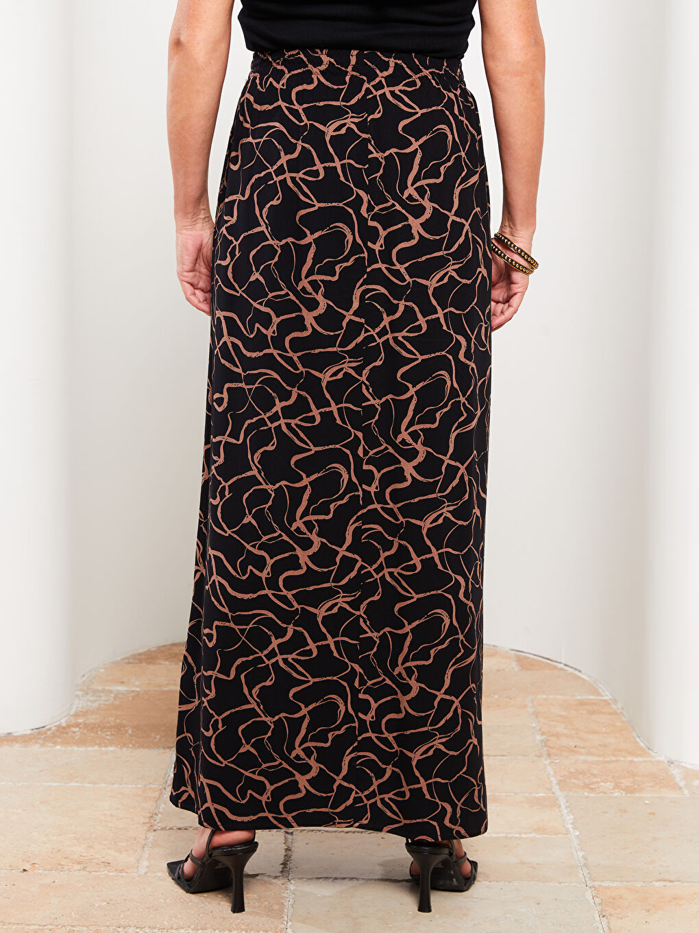 Karışık Beli Lastikli Desenli A Kesim Viskon Kadın Etek-3