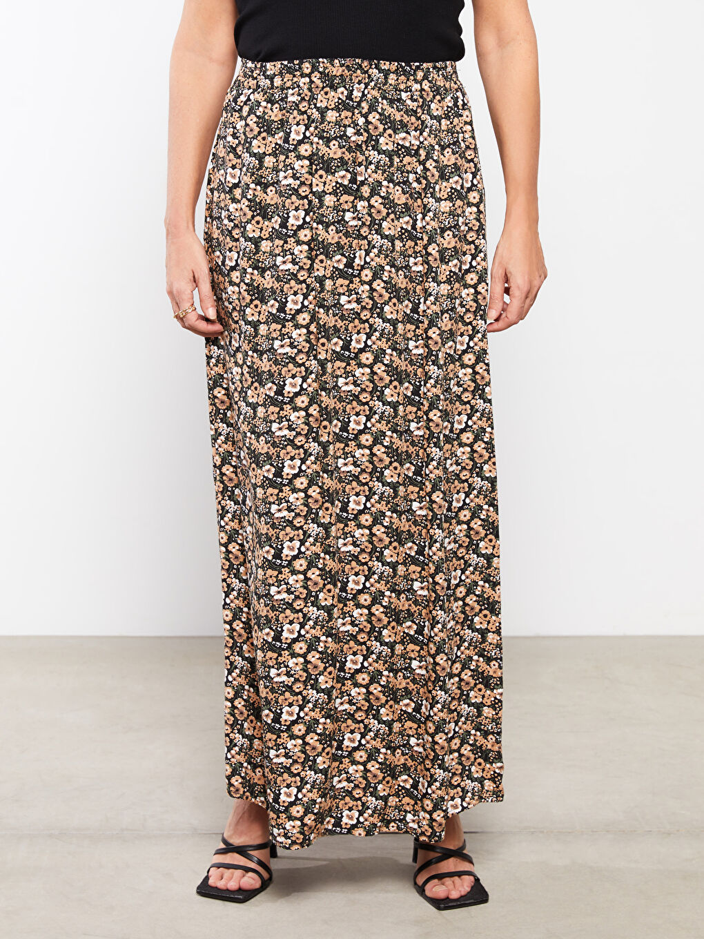 Haki Beli Lastikli Desenli A Kesim Viskon Kadın Etek-4