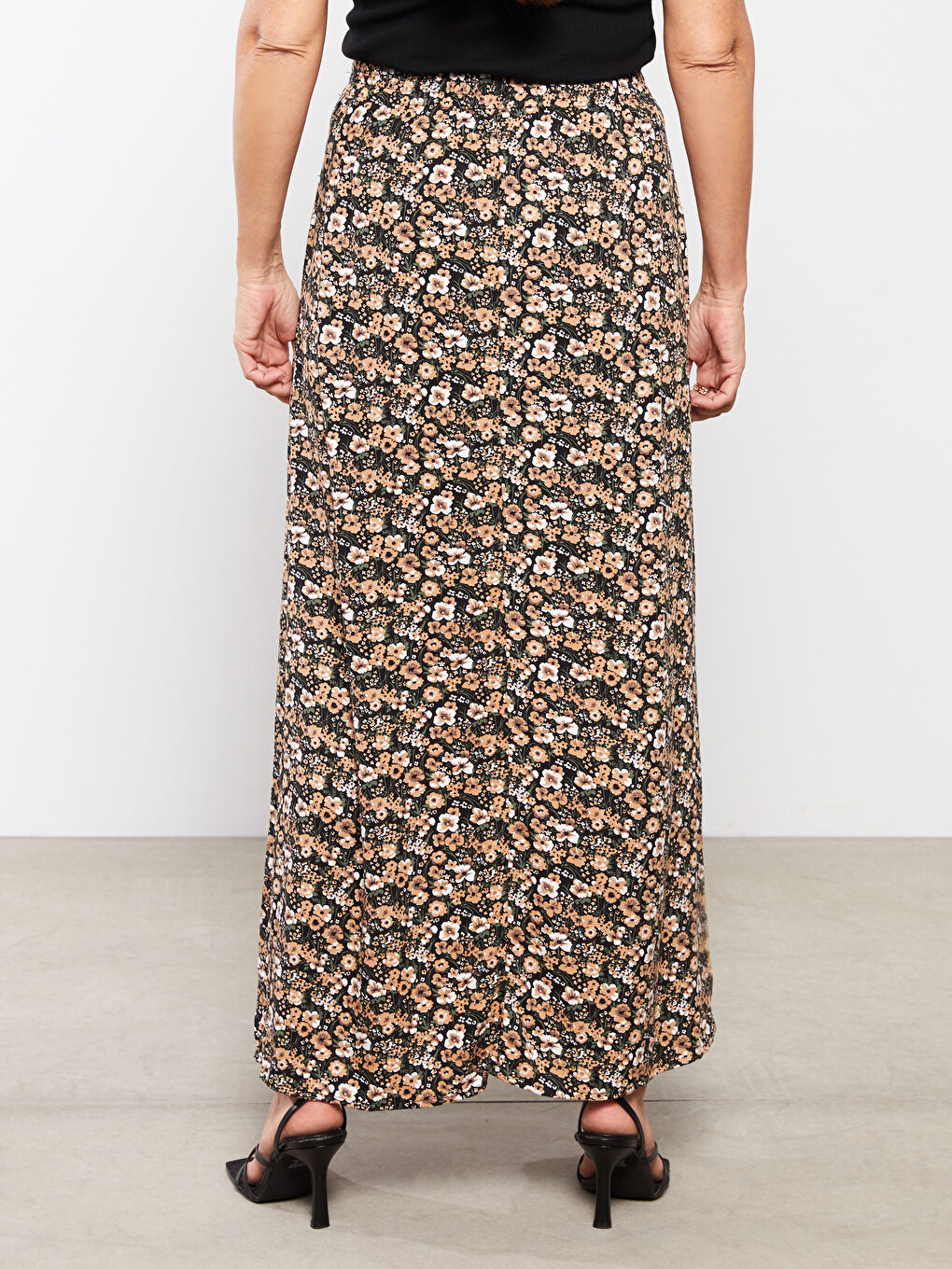 Haki Beli Lastikli Desenli A Kesim Viskon Kadın Etek-5