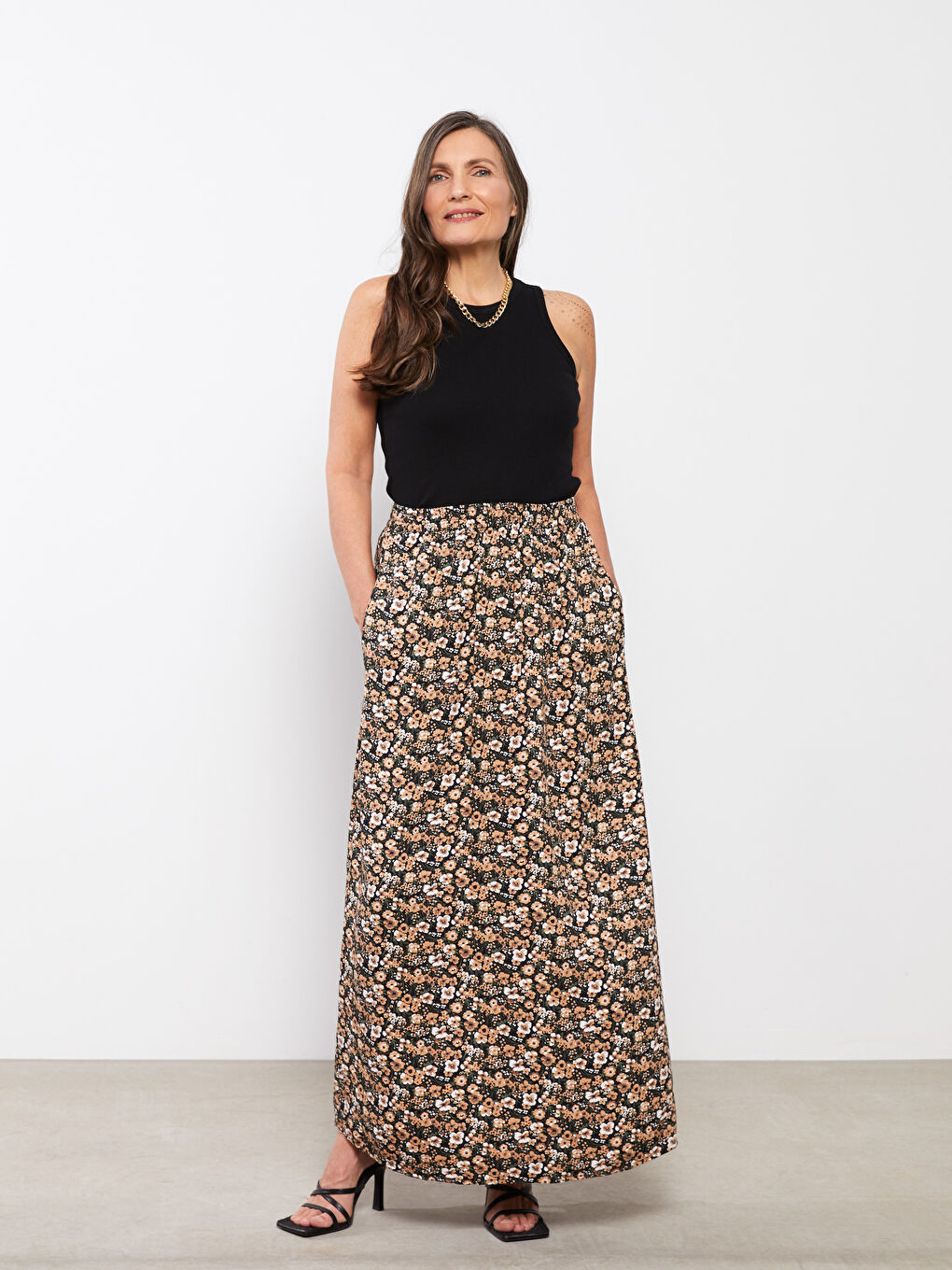 Haki Beli Lastikli Desenli A Kesim Viskon Kadın Etek