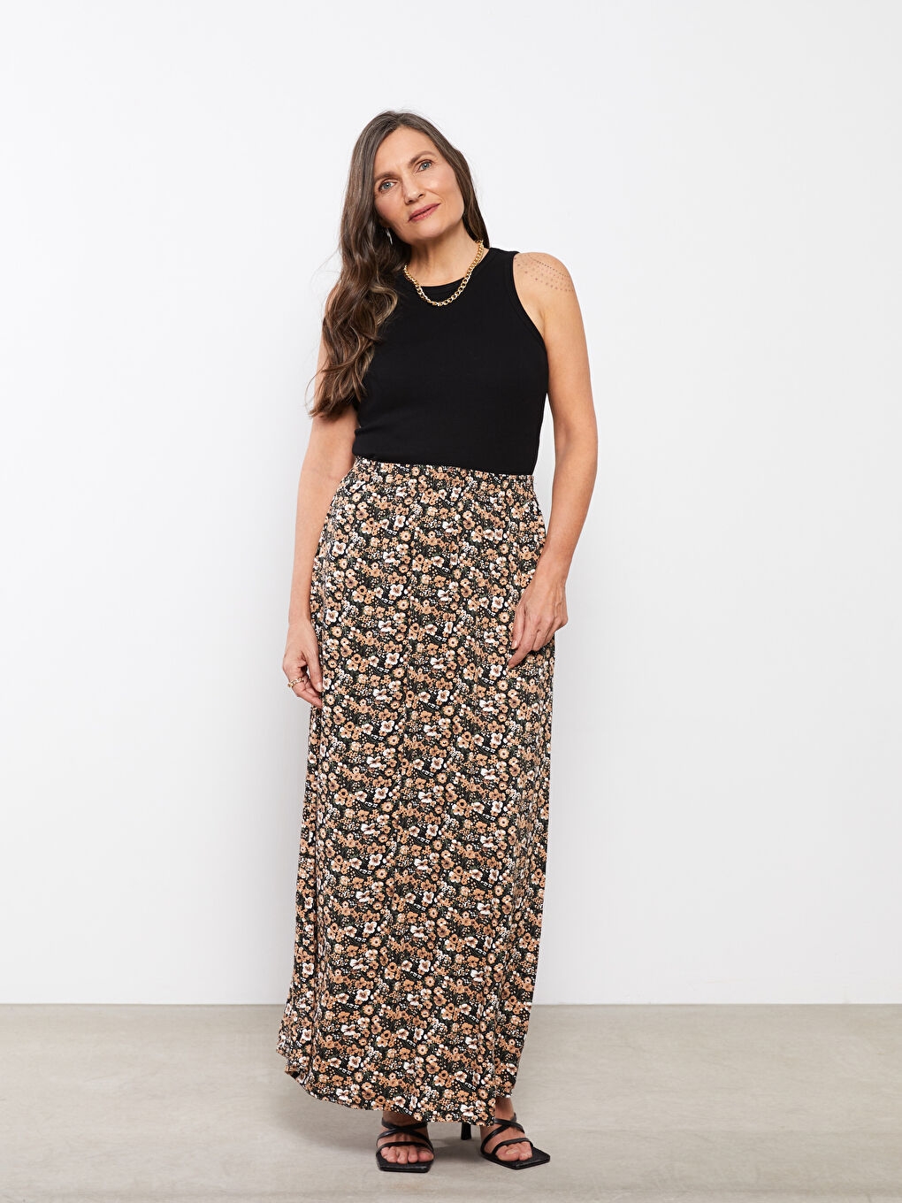 Haki Beli Lastikli Desenli A Kesim Viskon Kadın Etek-2