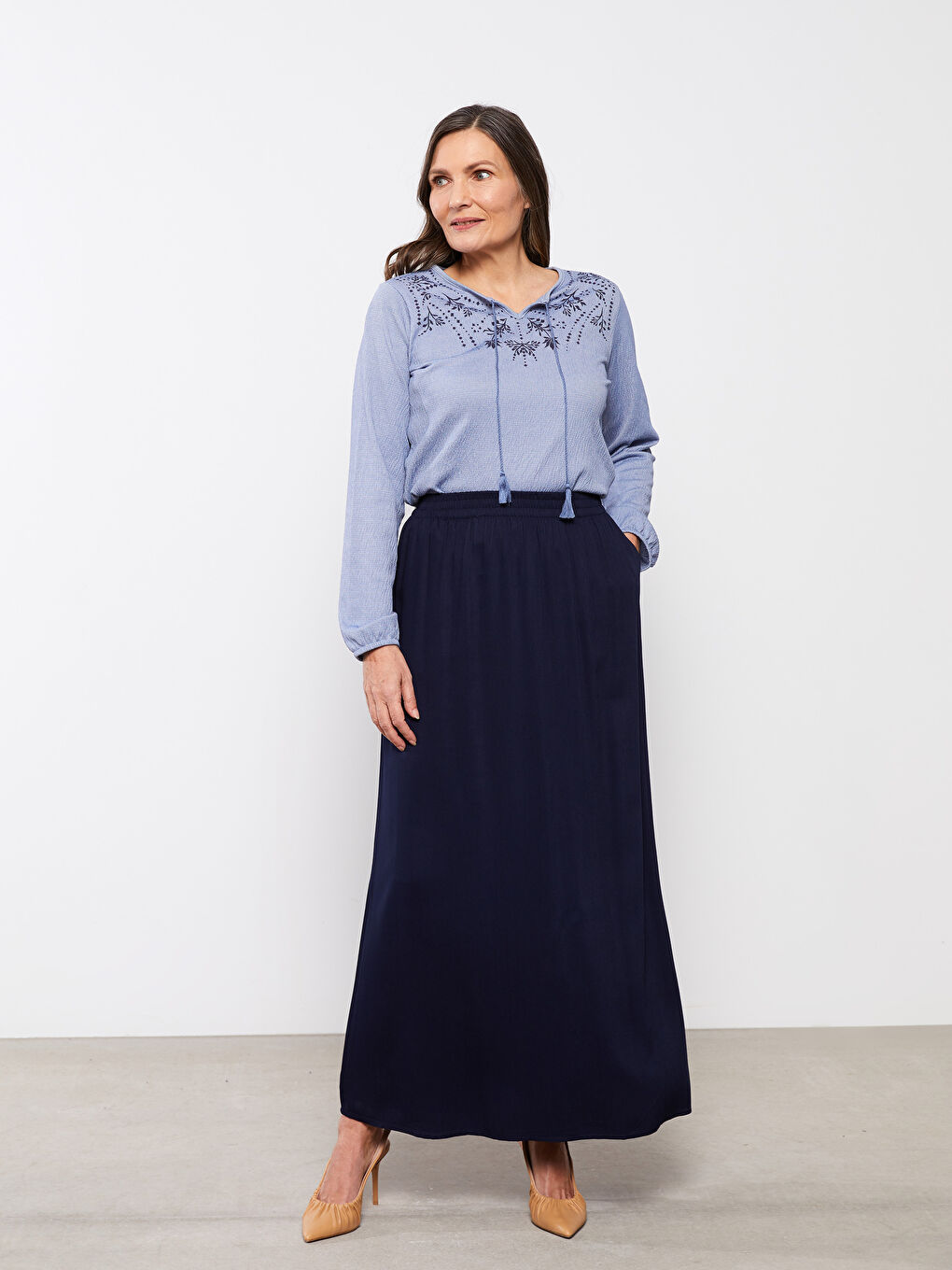 Elastic Waist Plain Pocket Detailed Viscose Women's Skirt-1