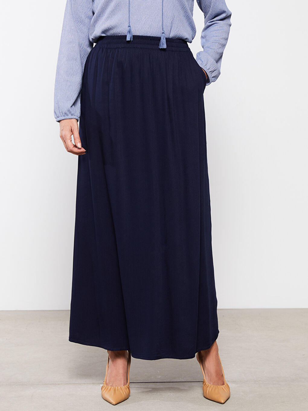 Elastic Waist Plain Pocket Detailed Viscose Women's Skirt-2