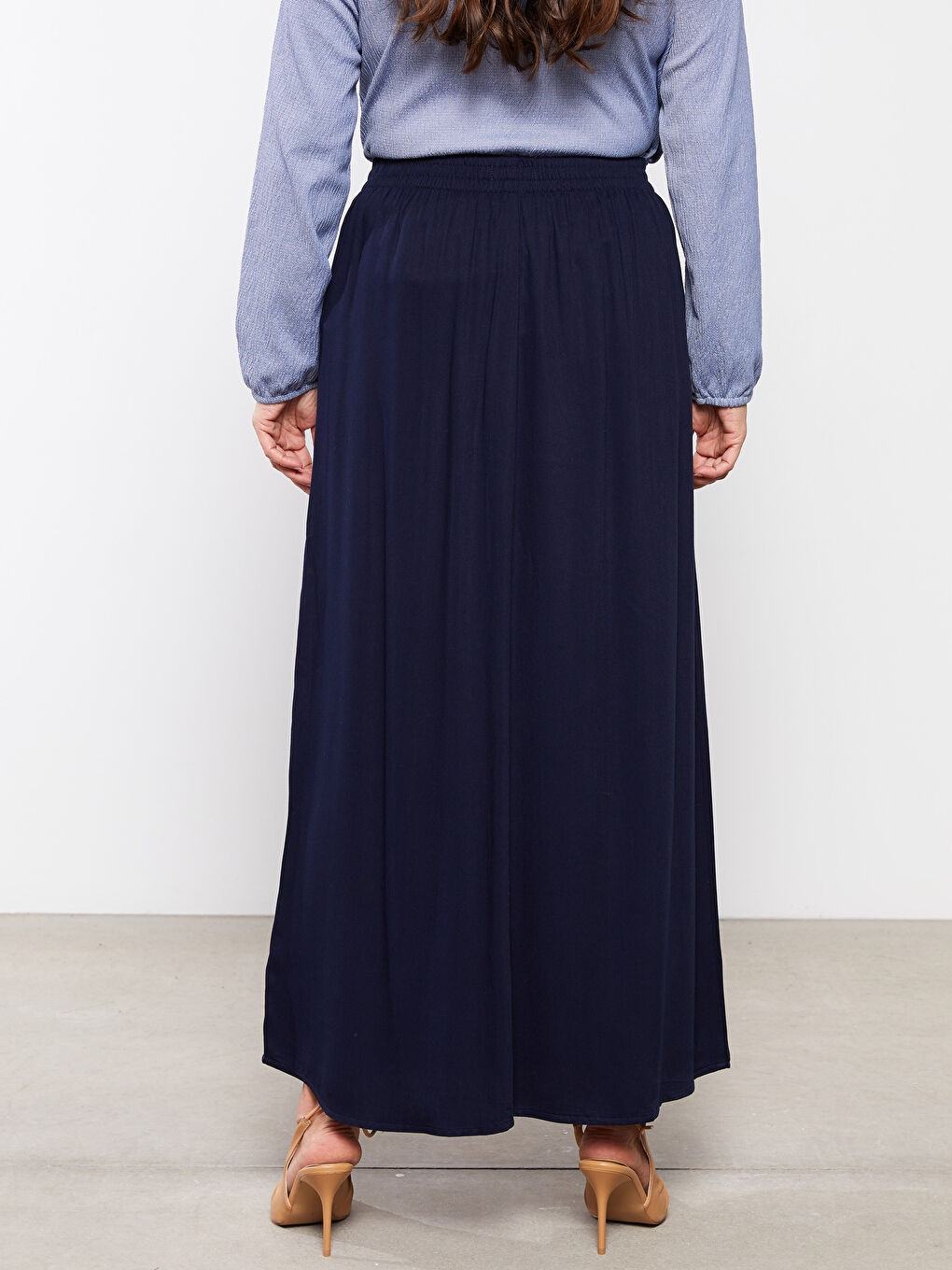 Elastic Waist Plain Pocket Detailed Viscose Women's Skirt-3