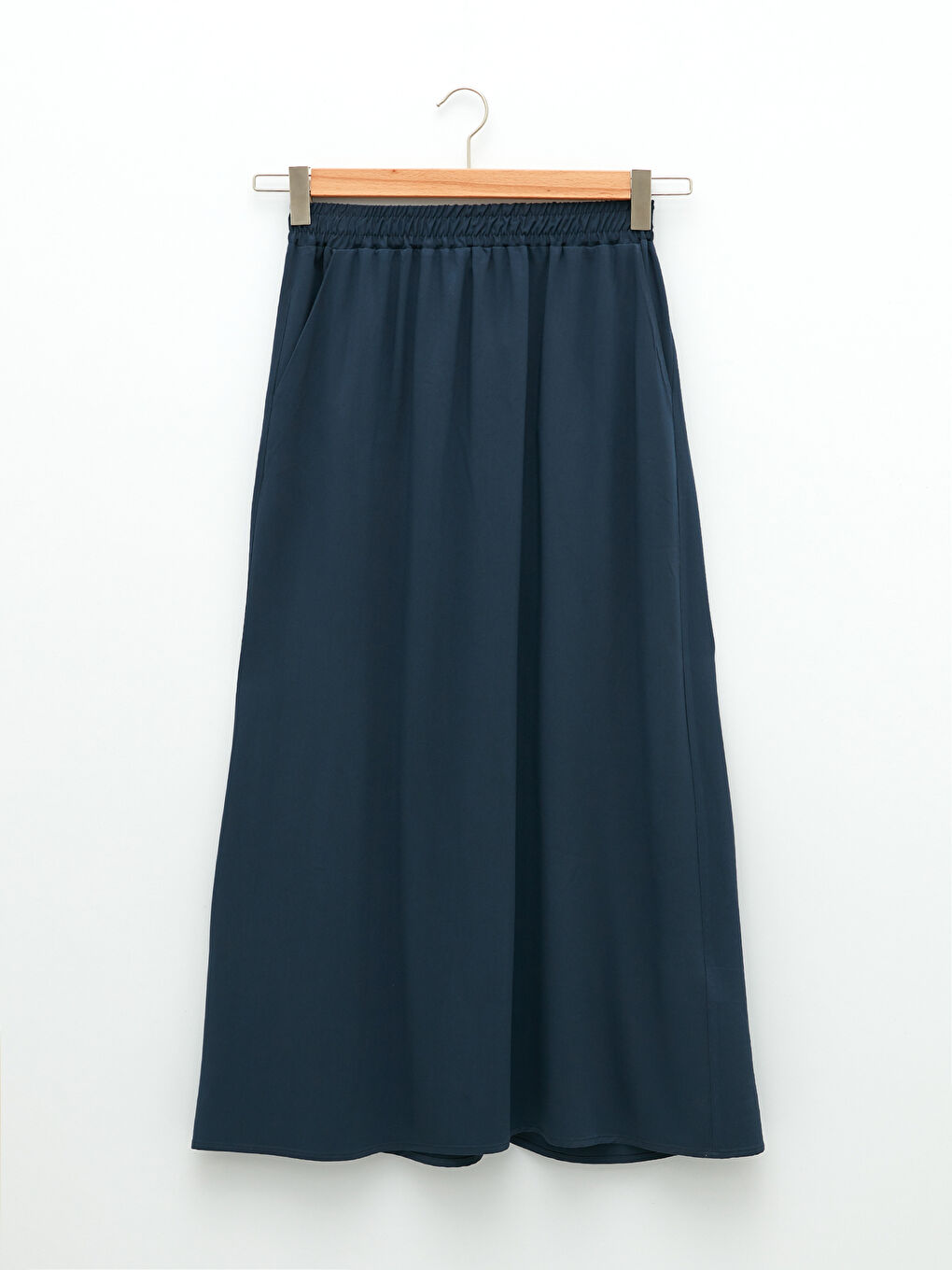 Lacivert Beli Lastikli Düz Cep Detaylı Viskon Kadın Etek-4