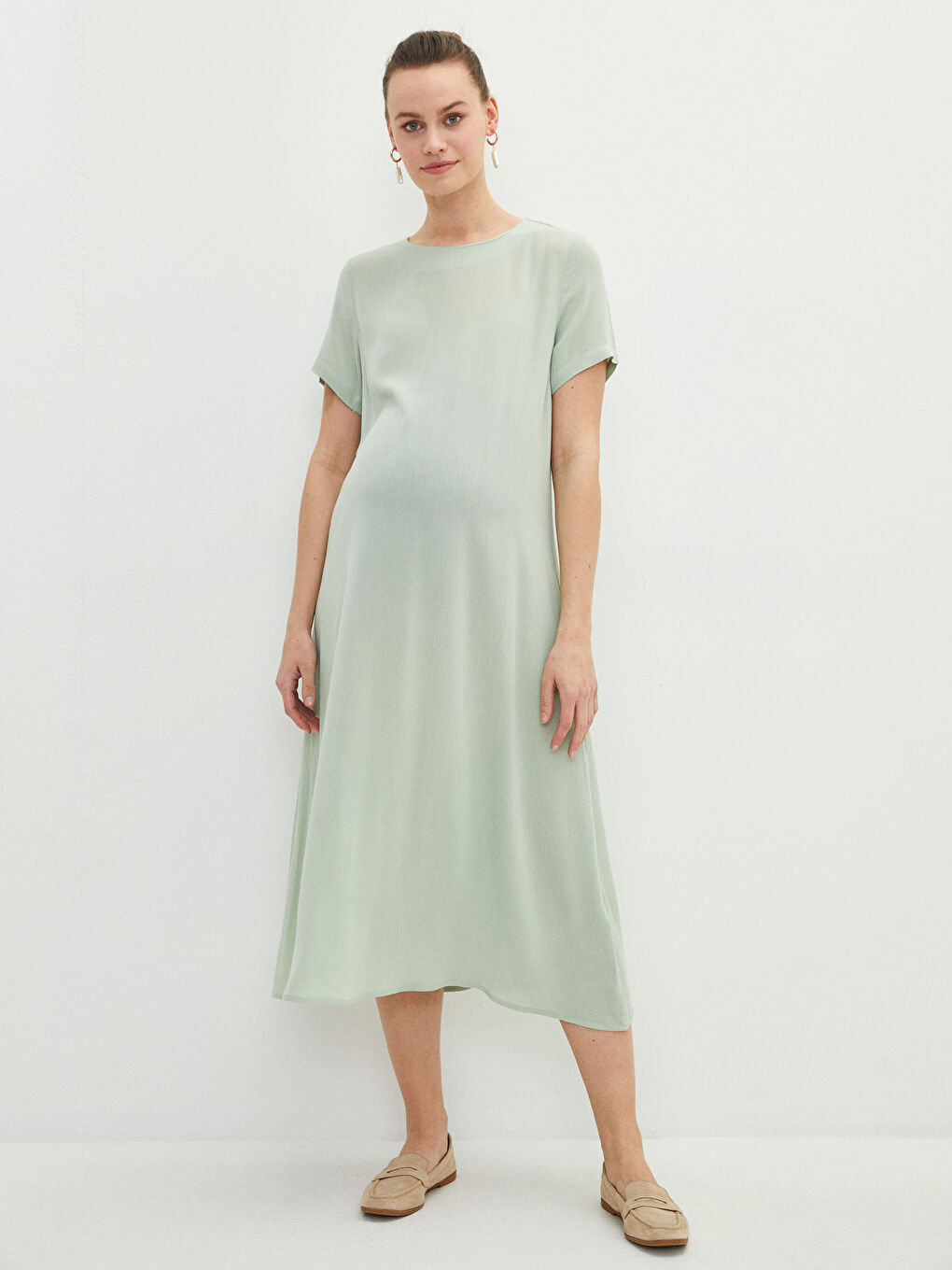 LCWAIKIKI Maternity Crew Neck Straight Short Sleeve Viscose Maternity Dress -S2AI59Z8-RQ2