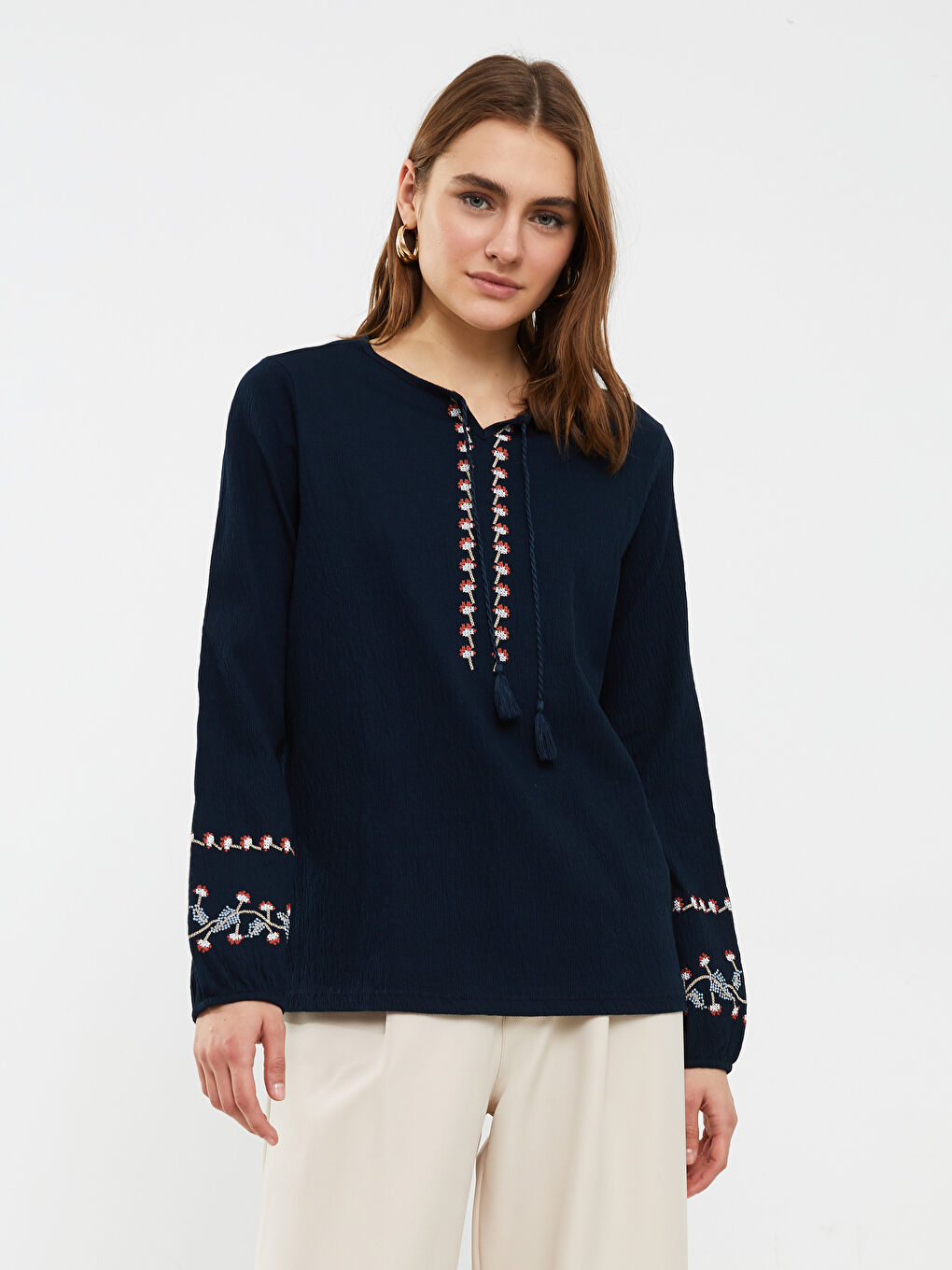 Lapel Collar Embroidered Long Sleeve Women's T-Shirt-1