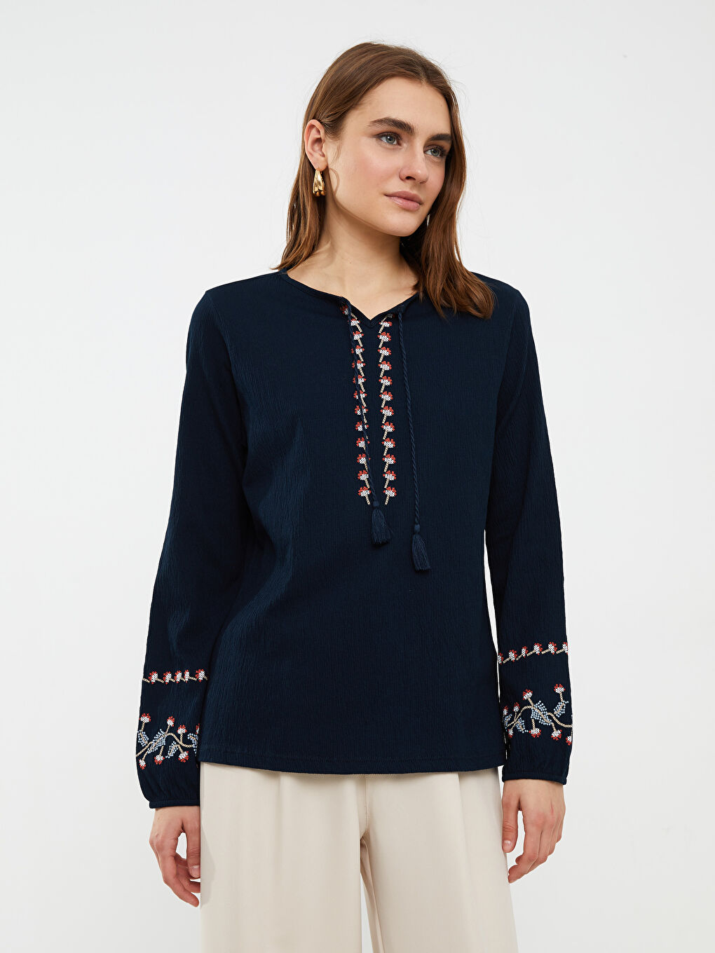 Lapel Collar Embroidered Long Sleeve Women's T-Shirt-2