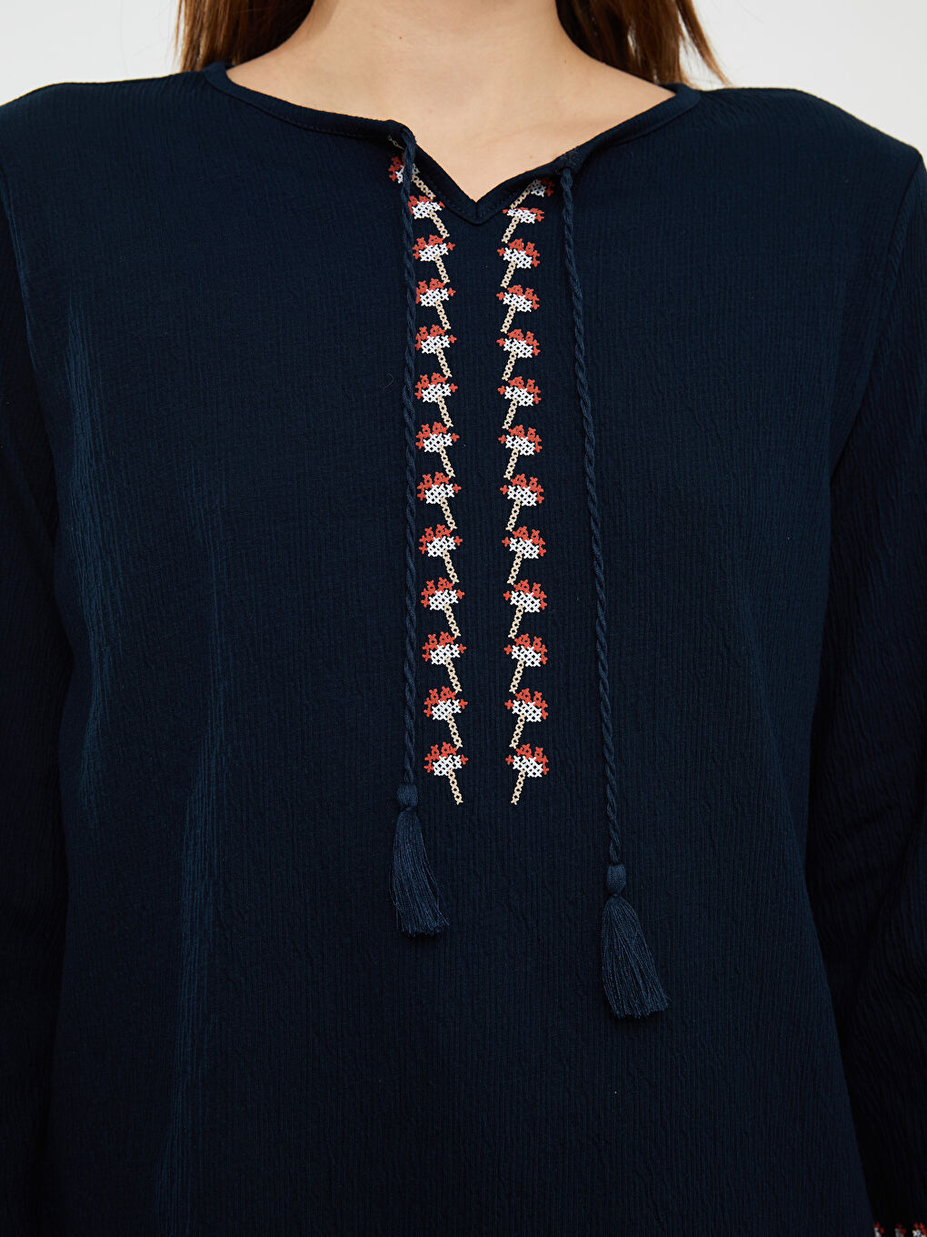 Lapel Collar Embroidered Long Sleeve Women's T-Shirt-3