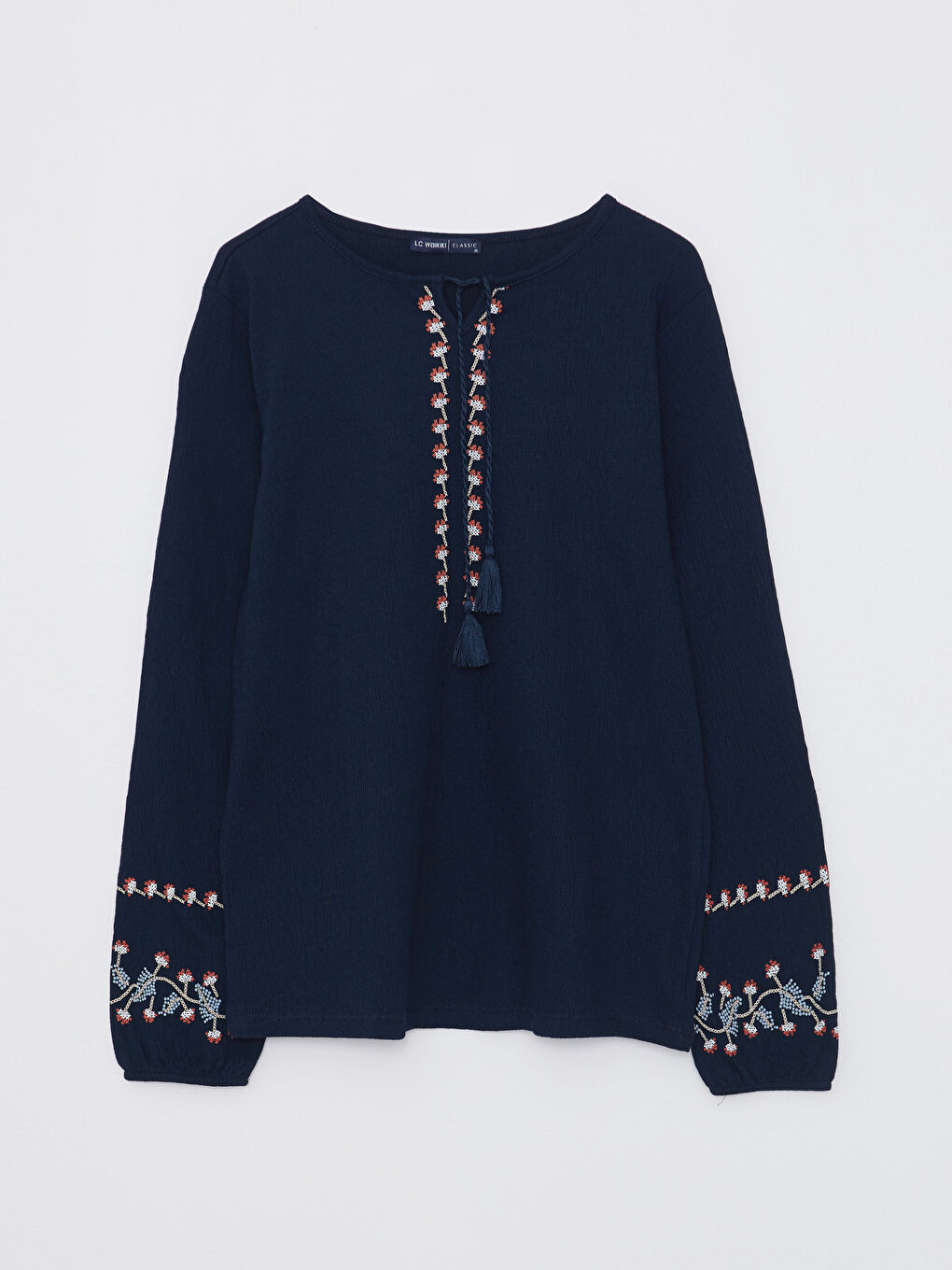 Lapel Collar Embroidered Long Sleeve Women's T-Shirt-5