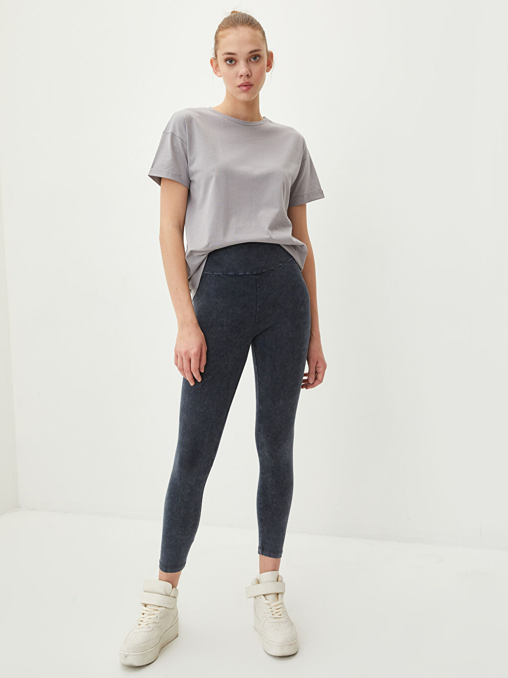 Siyah Kadın Beli Lastikli Düz Tayt-2