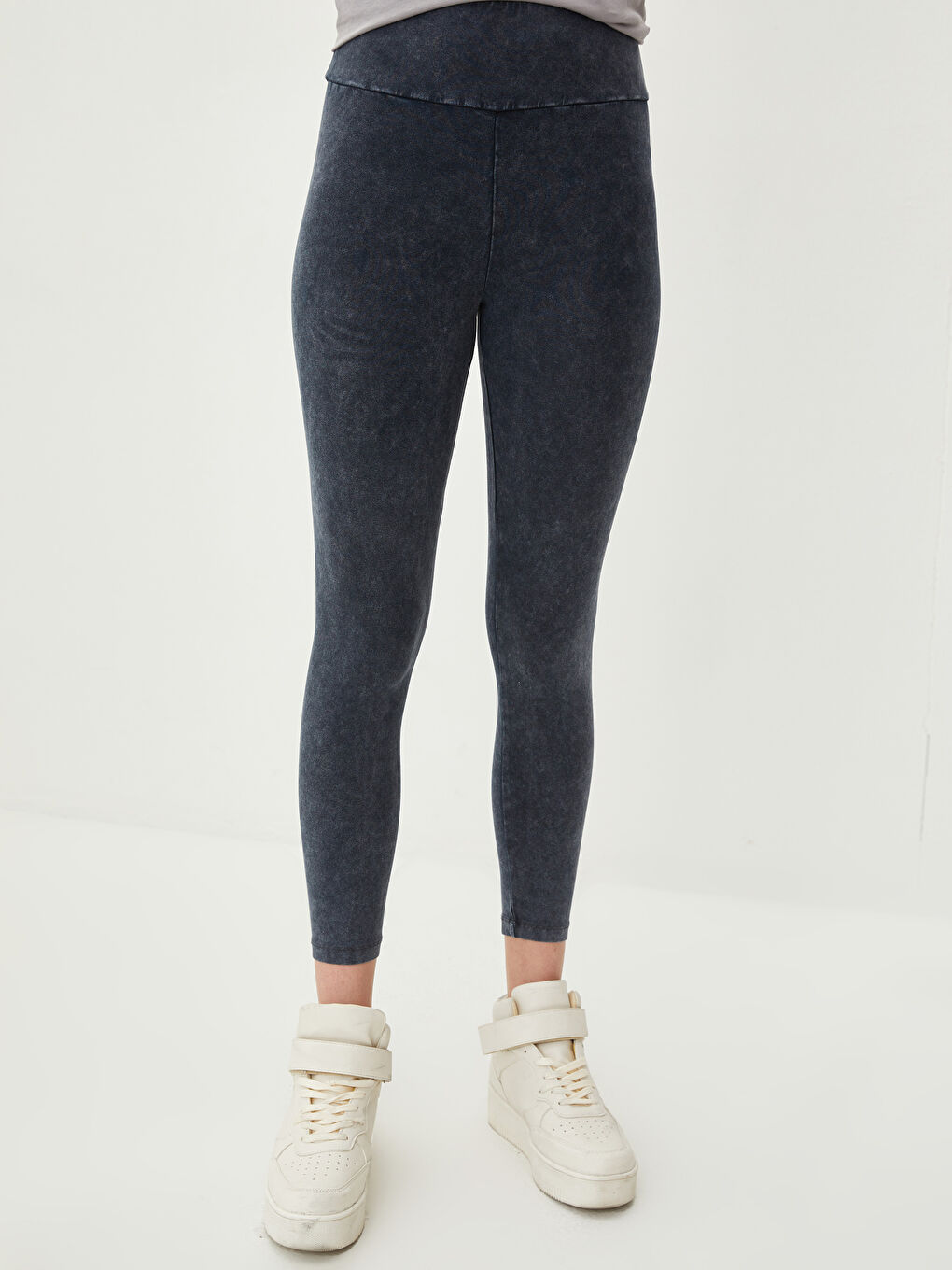 Siyah Kadın Beli Lastikli Düz Tayt-4