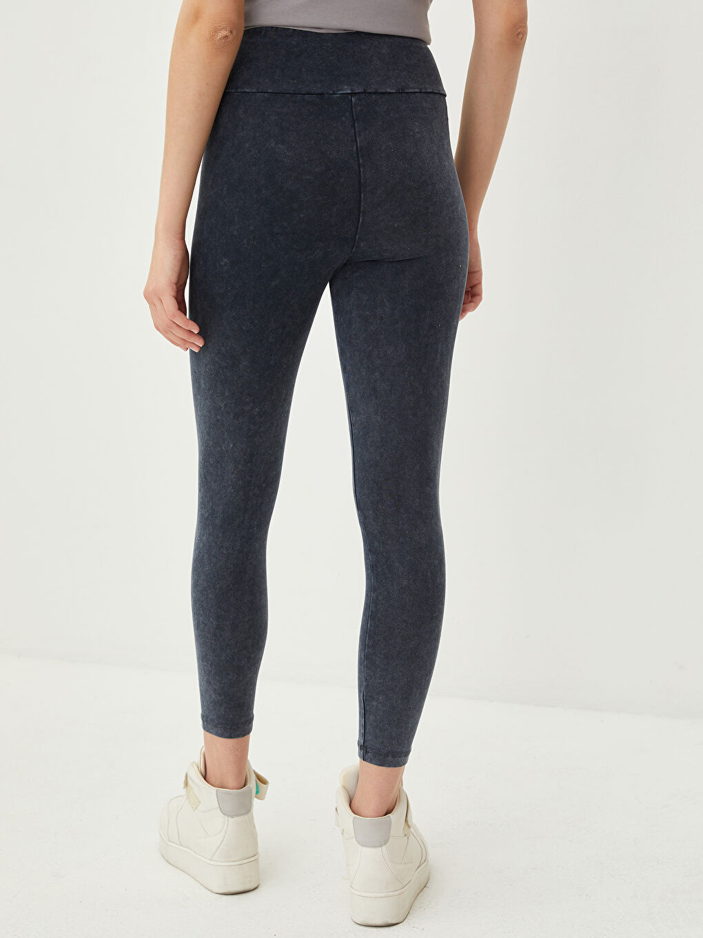 Siyah Kadın Beli Lastikli Düz Tayt-5