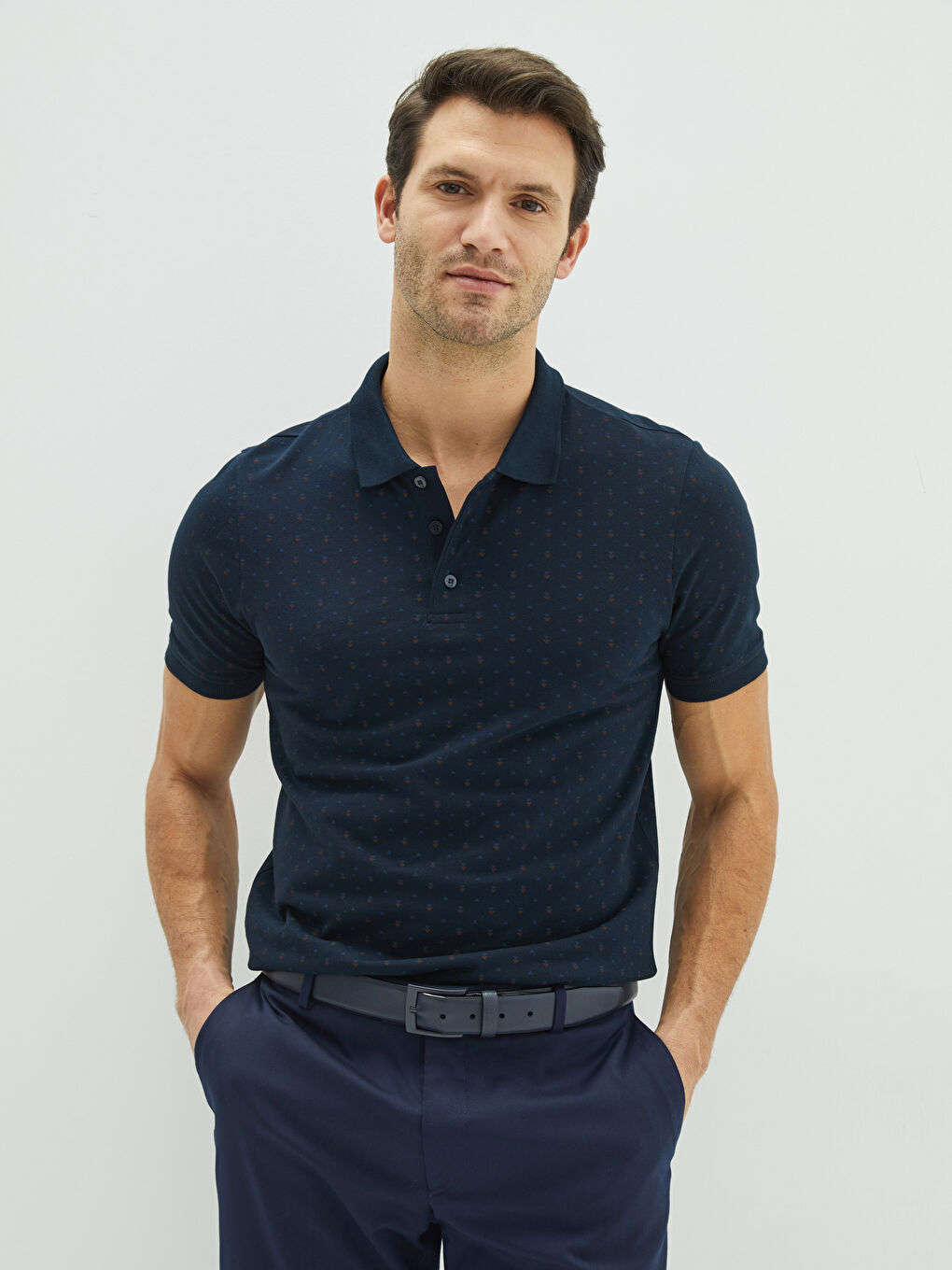 Lacivert Polo Yaka Kısa Kollu Desenli Erkek Tişört-1