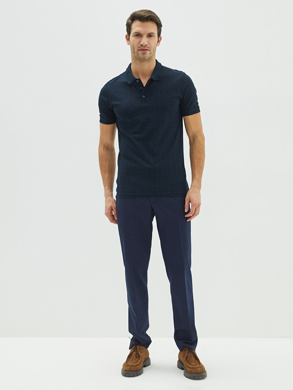 Lacivert Polo Yaka Kısa Kollu Desenli Erkek Tişört-2