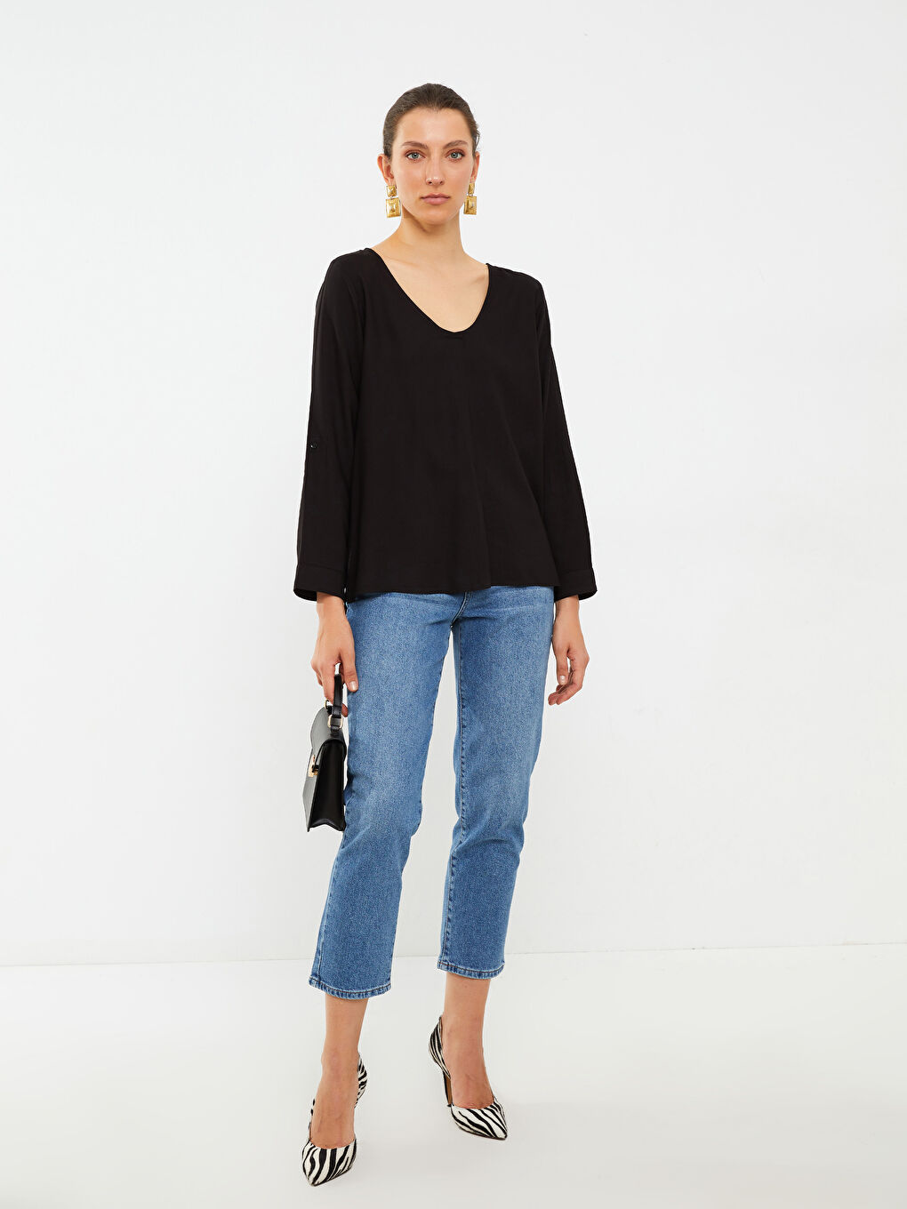 V Neck Straight Long Sleeve Viscose Women's Blouse-1