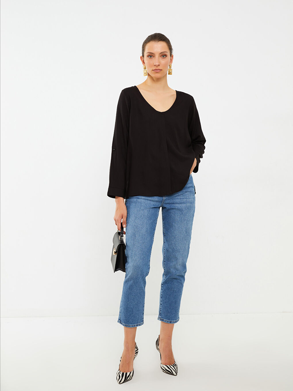 V Neck Straight Long Sleeve Viscose Women's Blouse-2