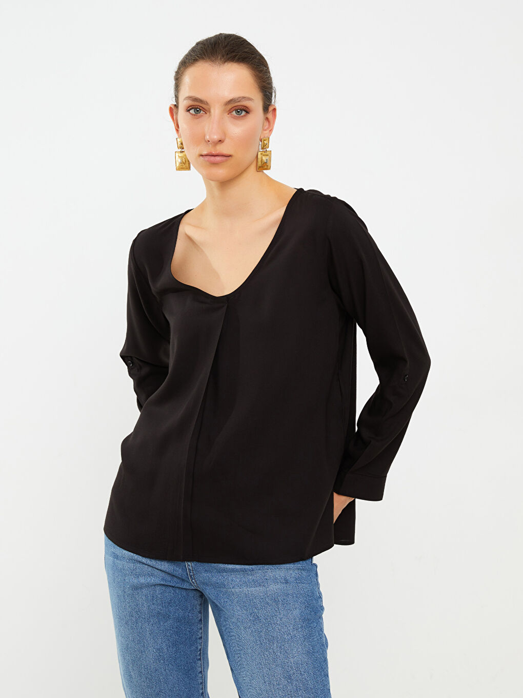 V Neck Straight Long Sleeve Viscose Women's Blouse-3