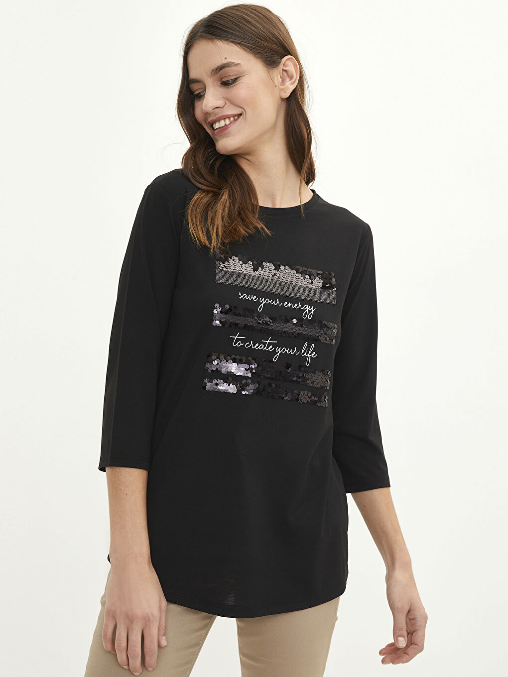 Crew Neck Sequin Embroidered Women's T-Shirt-1