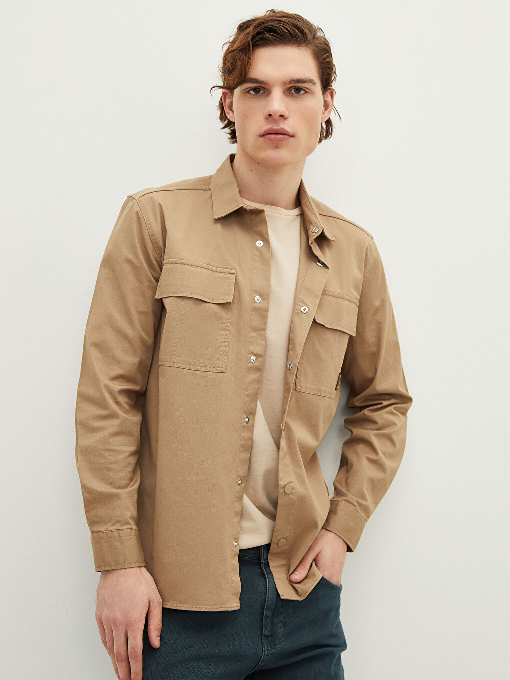 Kahverengi Regular Fit Uzun Kollu Gabardin Erkek Gömlek-1