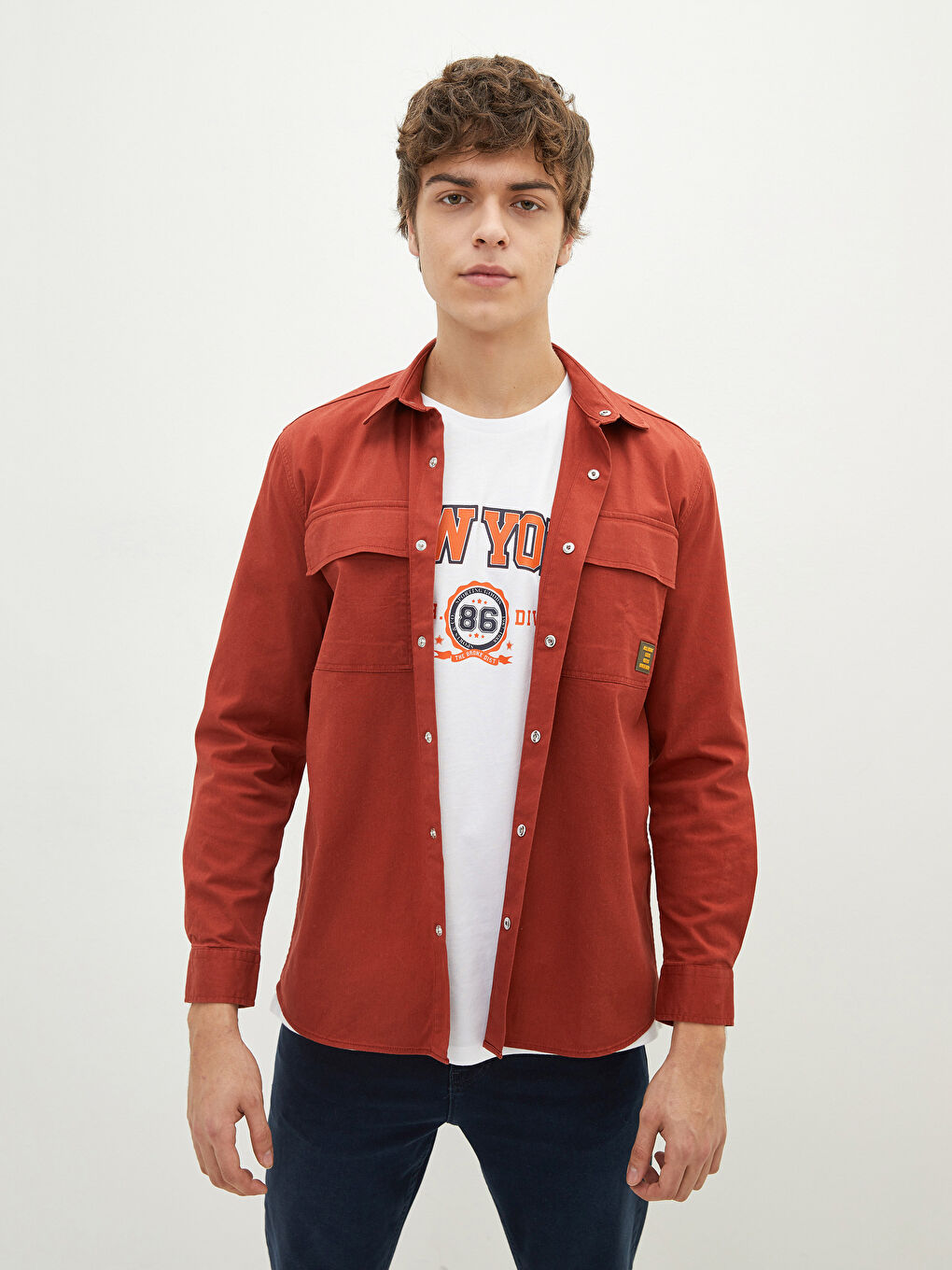 Turuncu Regular Fit Uzun Kollu Gabardin Erkek Gömlek-2