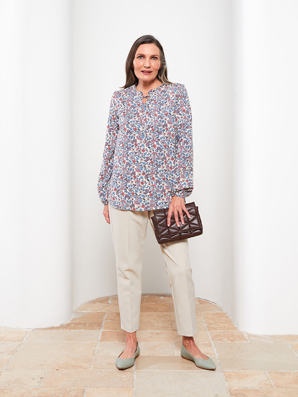 Tie Neck Patterned Long Sleeve Women's Blouse