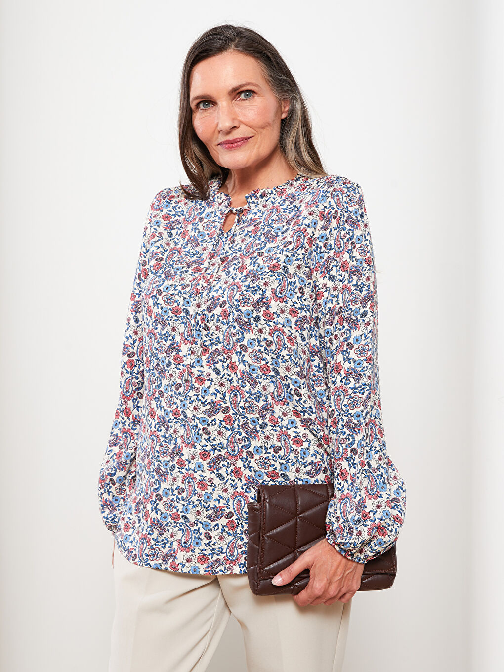 Tie Neck Patterned Long Sleeve Women's Blouse-1