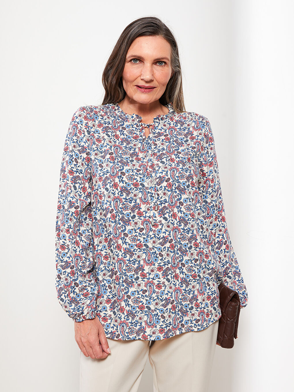 Tie Neck Patterned Long Sleeve Women's Blouse-2