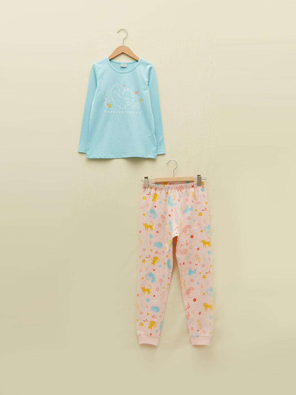 Turkuaz Bisiklet Yaka Baskılı Uzun Kollu Kız Çocuk Pijama Takımı