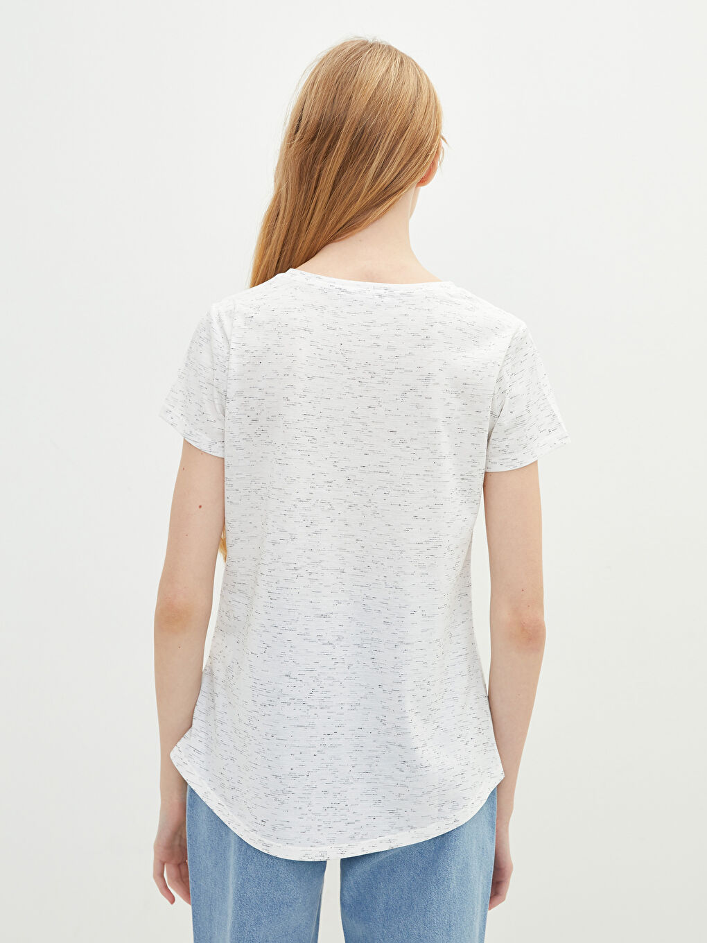 Ekru Bisiklet Yaka Baskılı Kısa Kollu Kadın Tişört-4