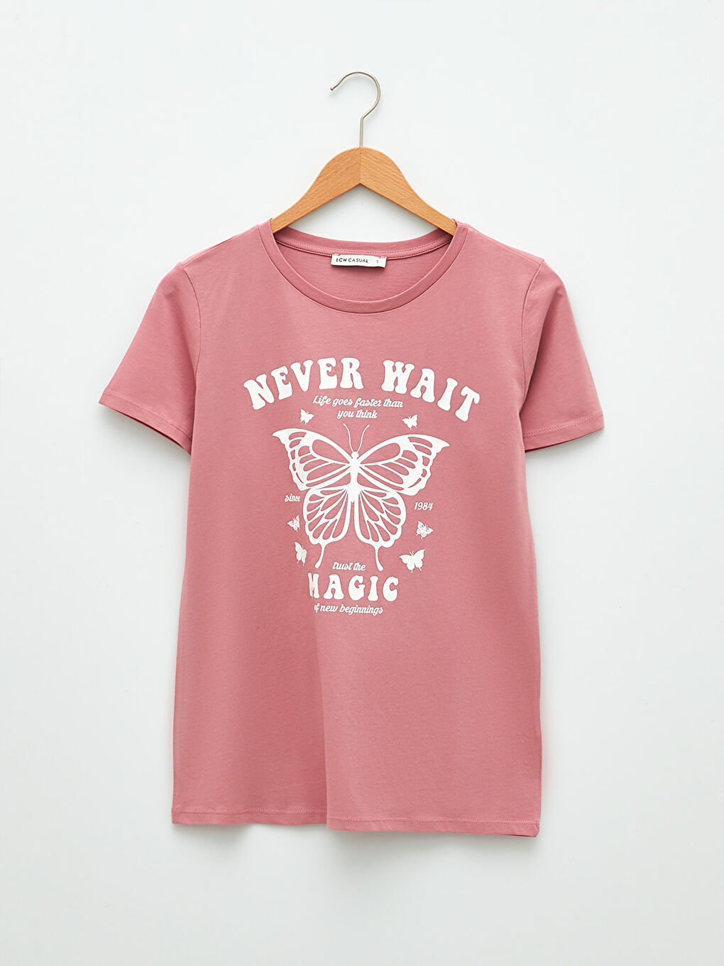 Pembe Bisiklet Yaka Baskılı Kısa Kollu Pamuklu Kadın Tişört-5