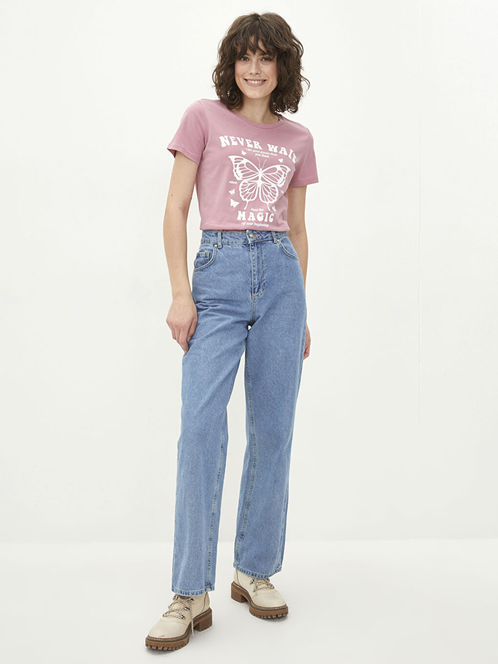 Pembe Bisiklet Yaka Baskılı Kısa Kollu Pamuklu Kadın Tişört-2