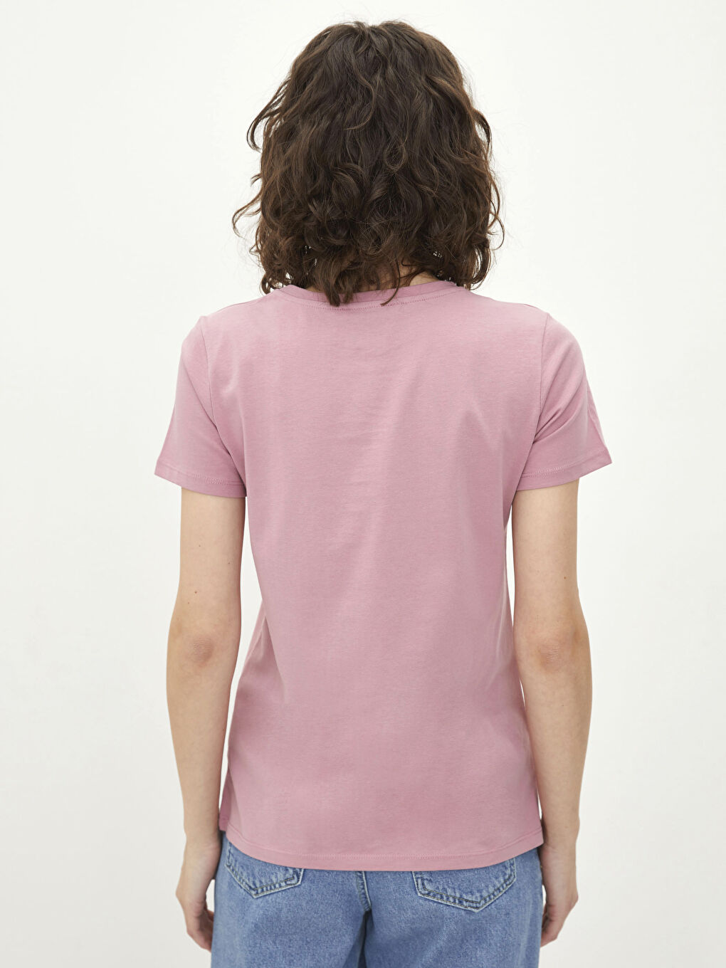 Pembe Bisiklet Yaka Baskılı Kısa Kollu Pamuklu Kadın Tişört-4