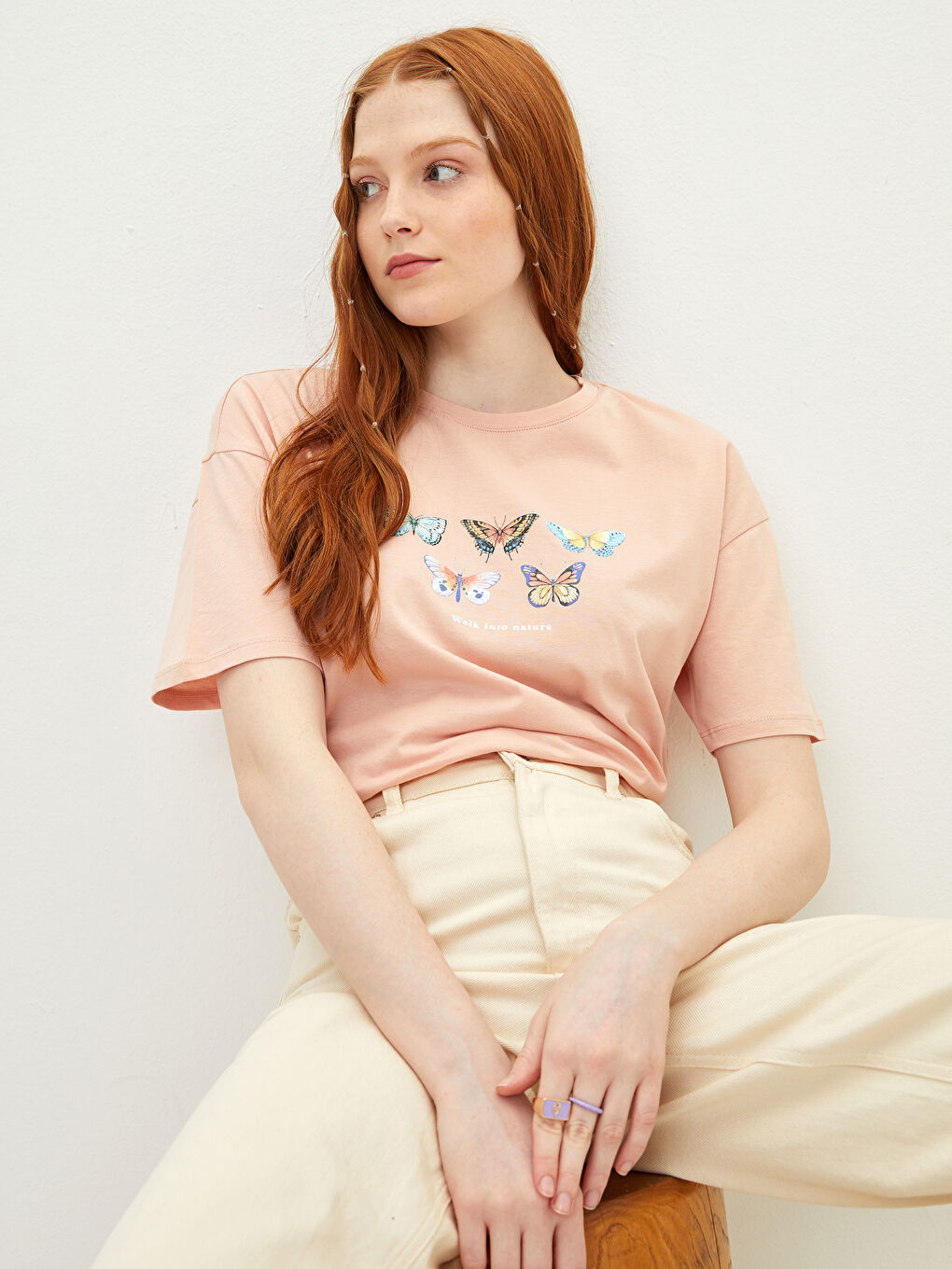 Pembe Bisiklet Yaka Baskılı Kısa Kollu Pamuklu Kadın Tişört