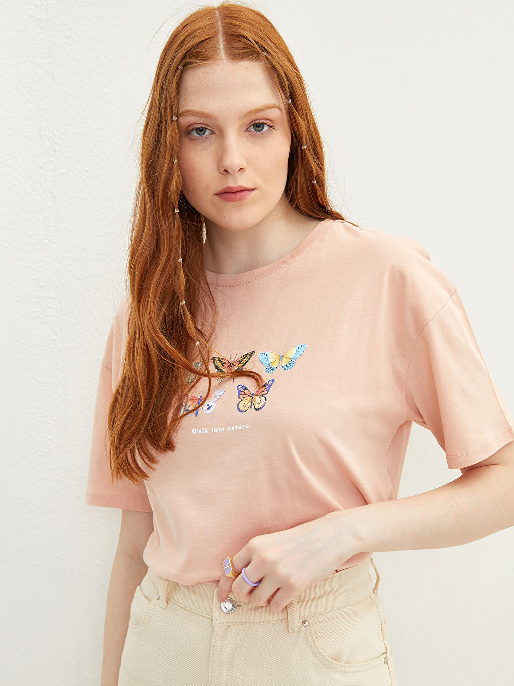 Pembe Bisiklet Yaka Baskılı Kısa Kollu Pamuklu Kadın Tişört-1