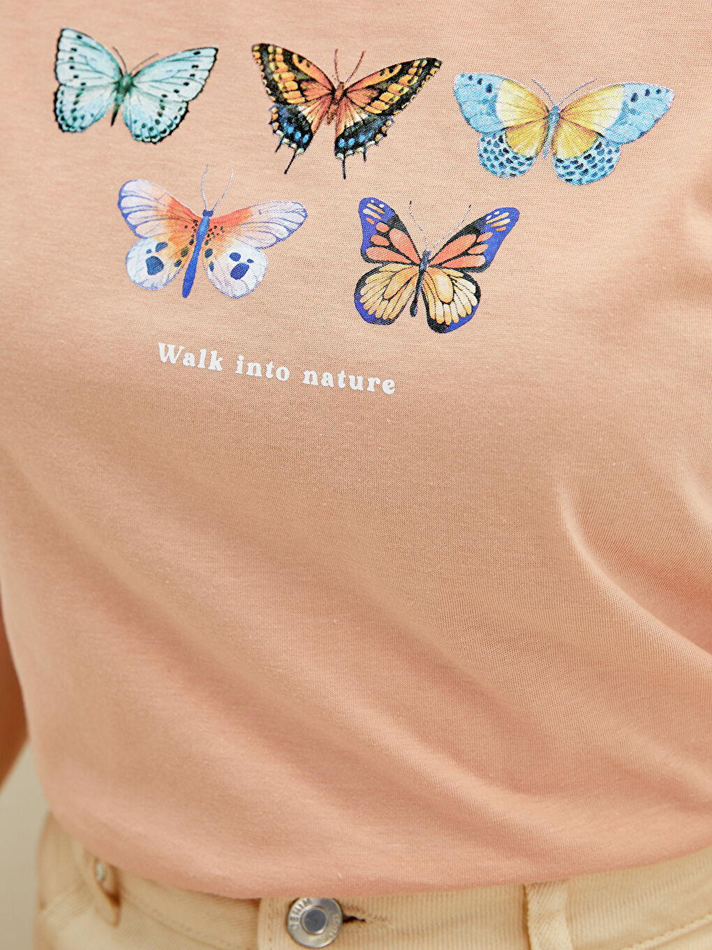 Pembe Bisiklet Yaka Baskılı Kısa Kollu Pamuklu Kadın Tişört-2