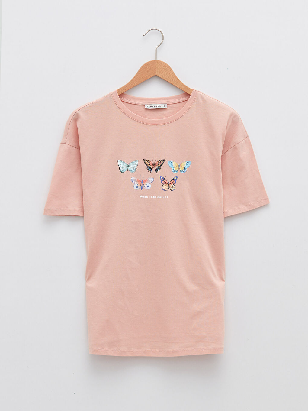 Pembe Bisiklet Yaka Baskılı Kısa Kollu Pamuklu Kadın Tişört-5