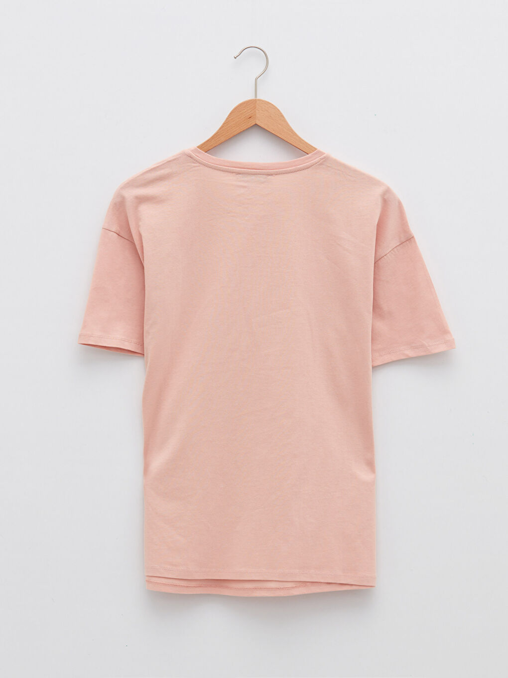 Pembe Bisiklet Yaka Baskılı Kısa Kollu Pamuklu Kadın Tişört-6