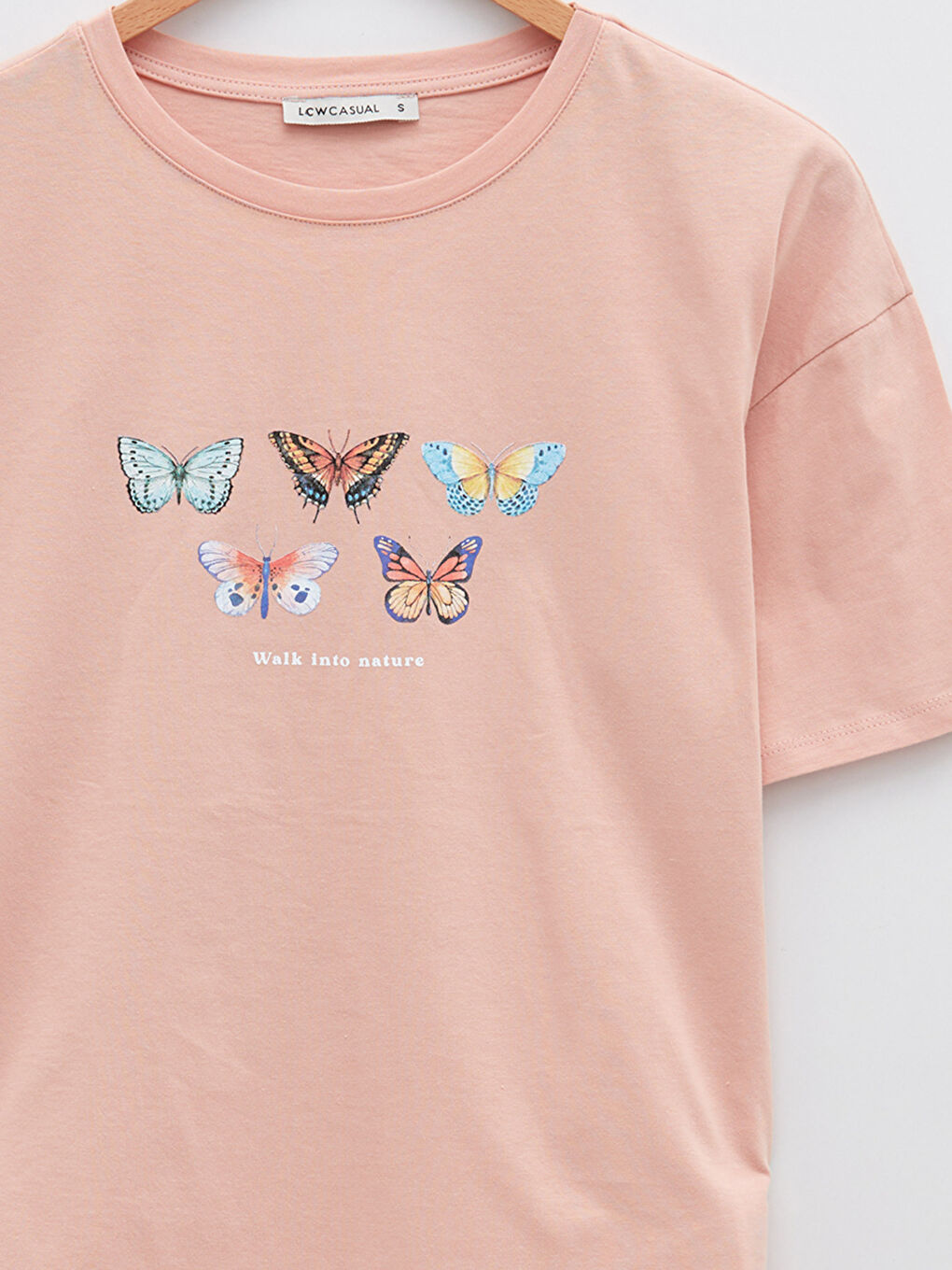 Pembe Bisiklet Yaka Baskılı Kısa Kollu Pamuklu Kadın Tişört-7