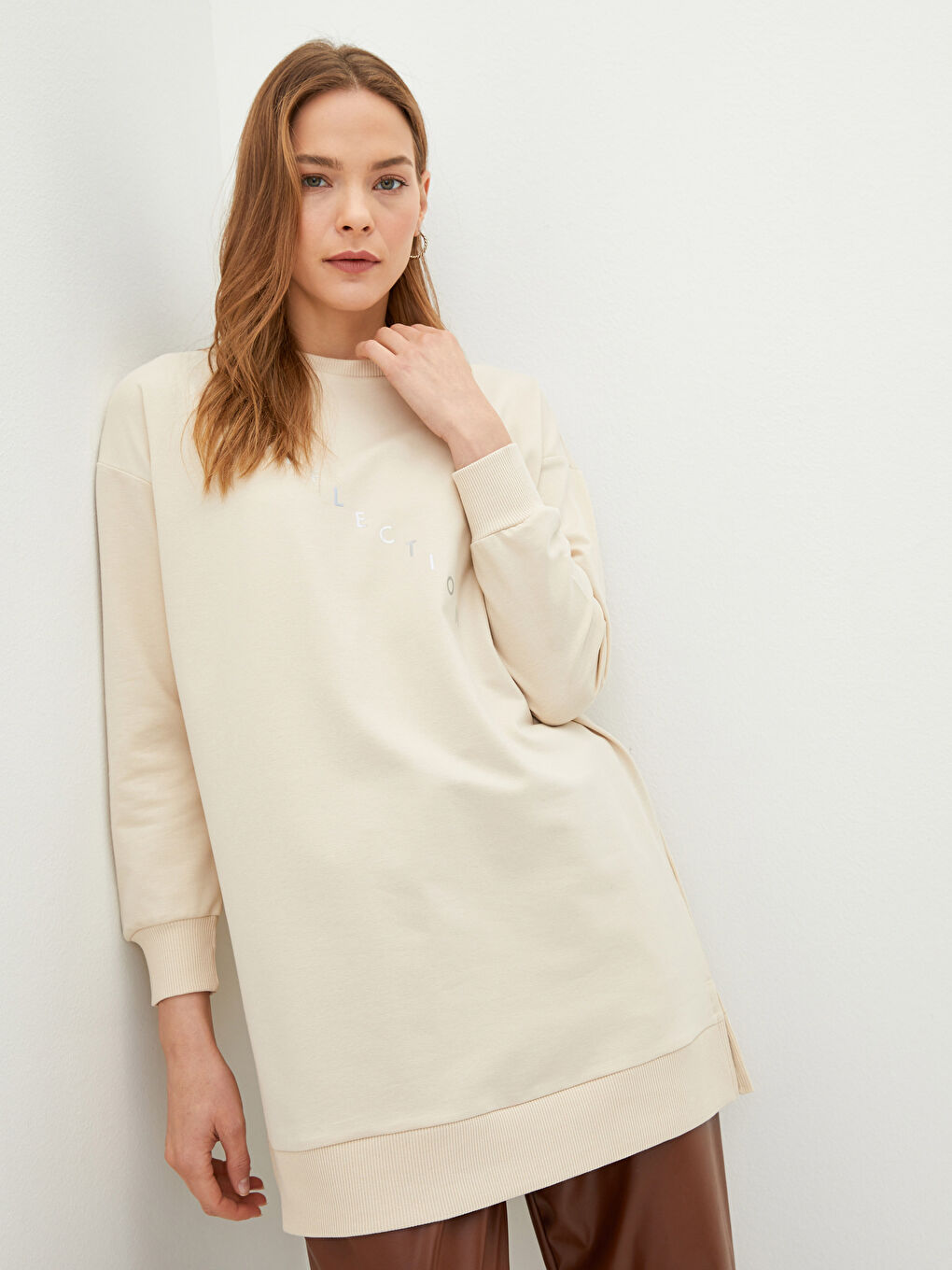 Gri Bisiklet Yaka Yazı Baskılı Uzun Kollu Kadın Sweatshirt Tunik