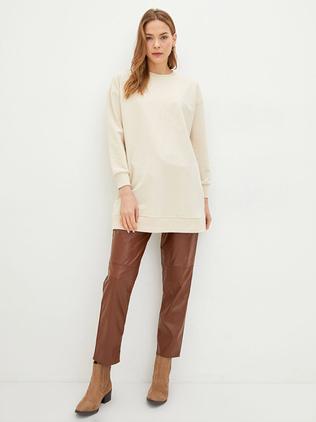 Gri Bisiklet Yaka Yazı Baskılı Uzun Kollu Kadın Sweatshirt Tunik-1