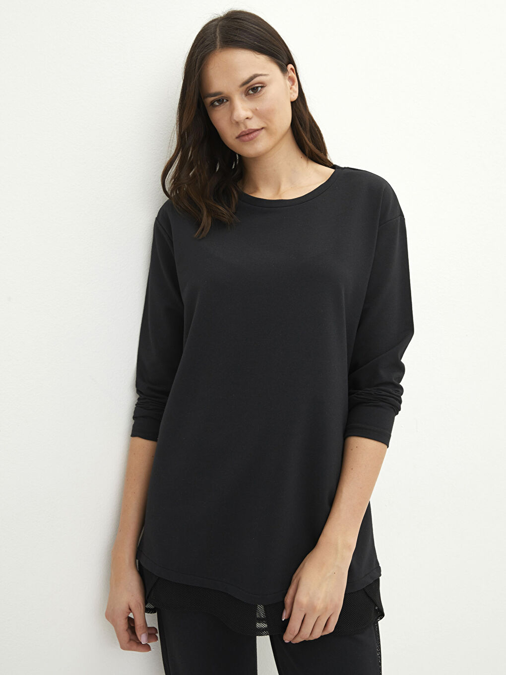 تونيك سويتشيرت كم طويل سادة بياقة دائرية للسيدات-1