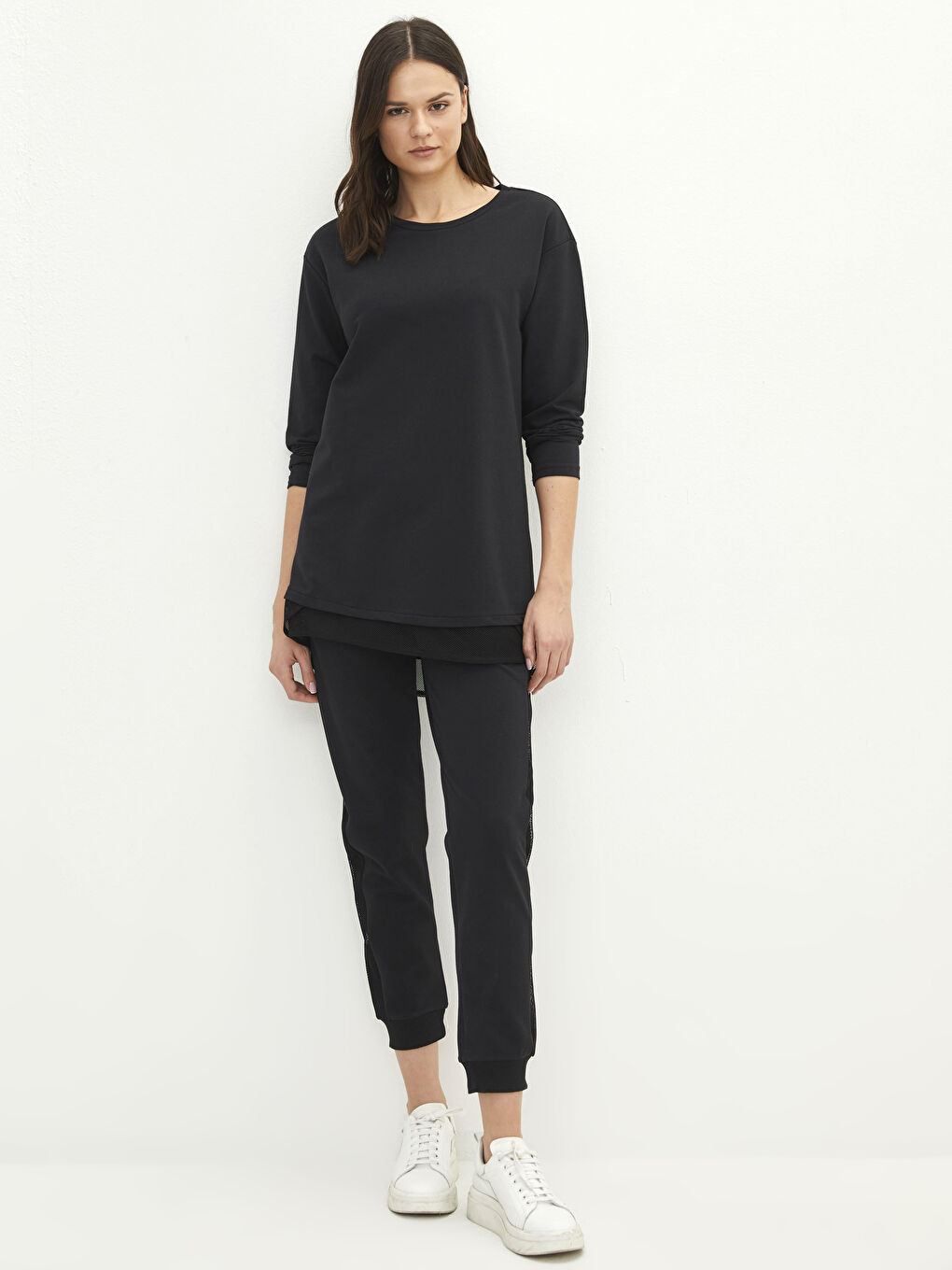 تونيك سويتشيرت كم طويل سادة بياقة دائرية للسيدات-2